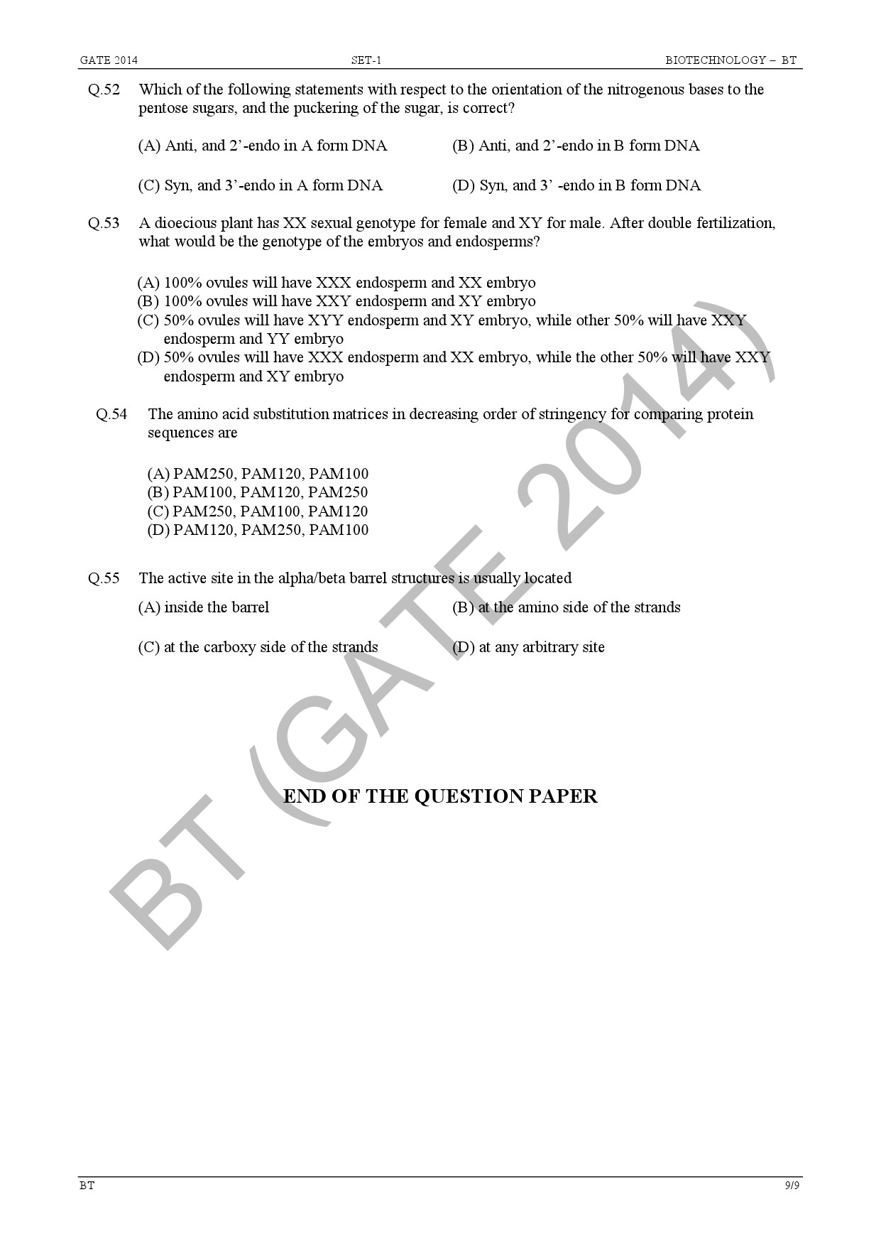 GATE Exam Question Paper 2014 Biotechnology 15