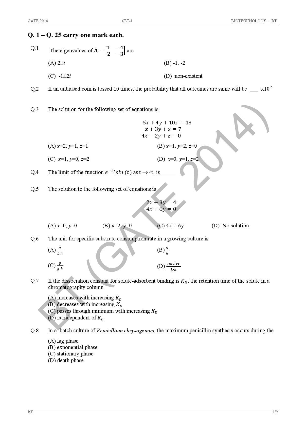 GATE Exam Question Paper 2014 Biotechnology 7