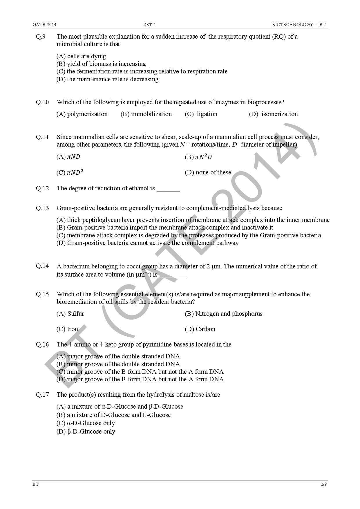 GATE Exam Question Paper 2014 Biotechnology 8