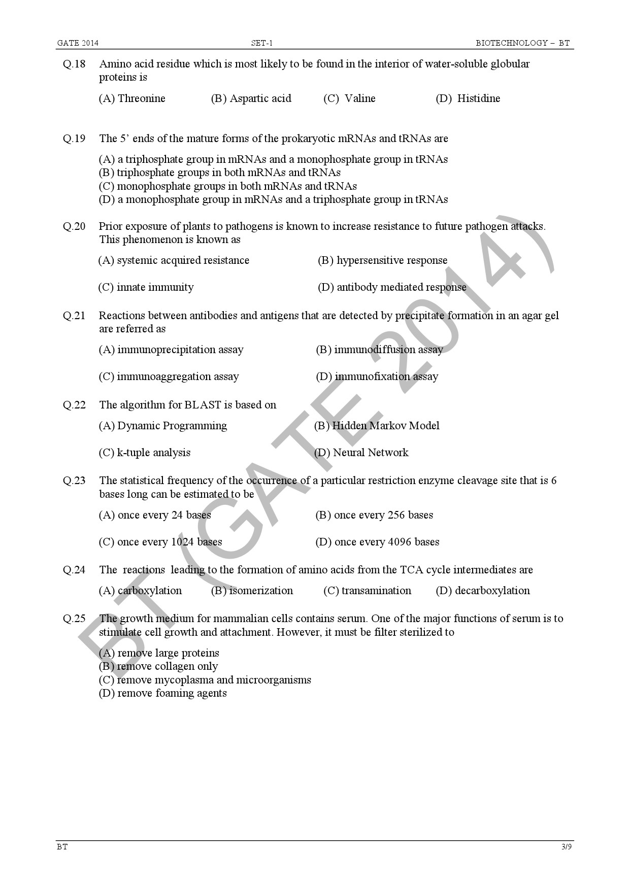 GATE Exam Question Paper 2014 Biotechnology 9
