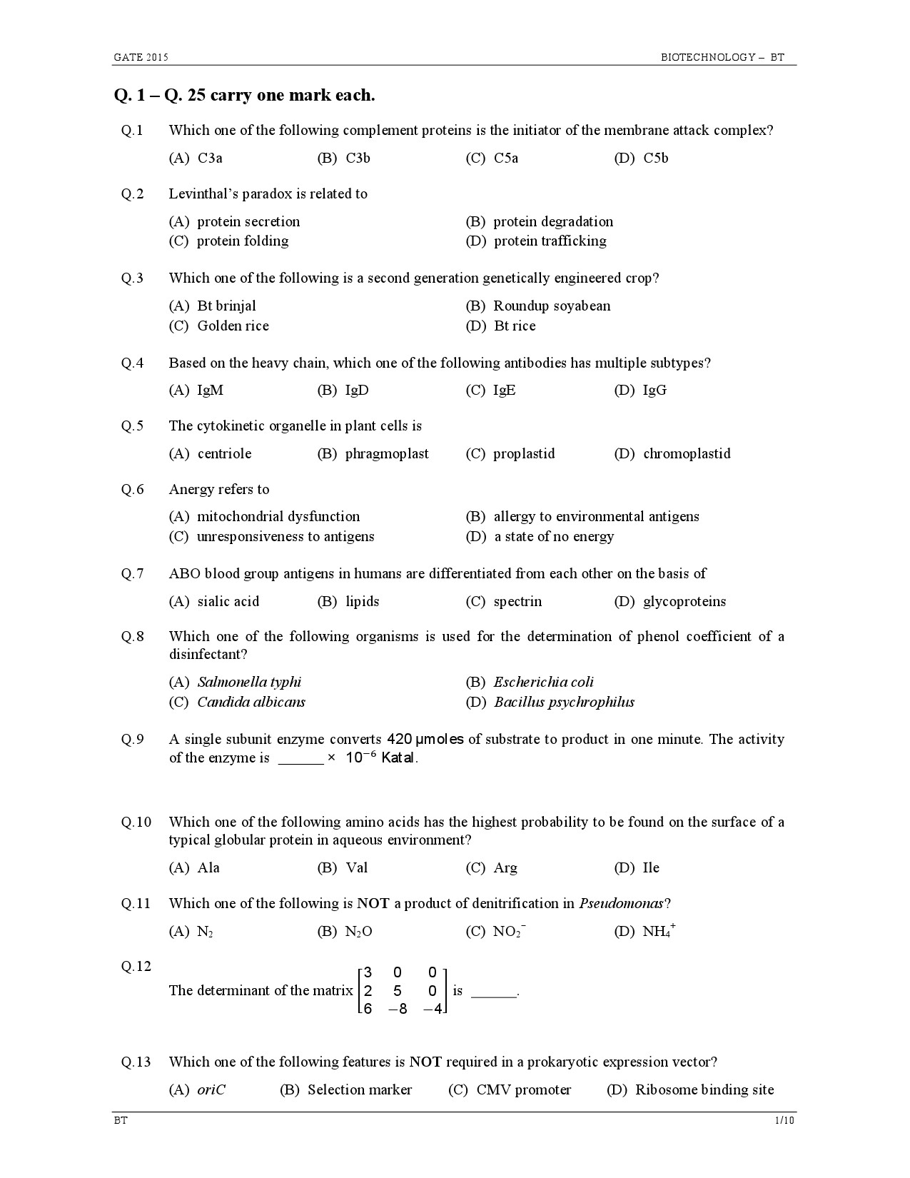 GATE Exam Question Paper 2015 Biotechnology 1