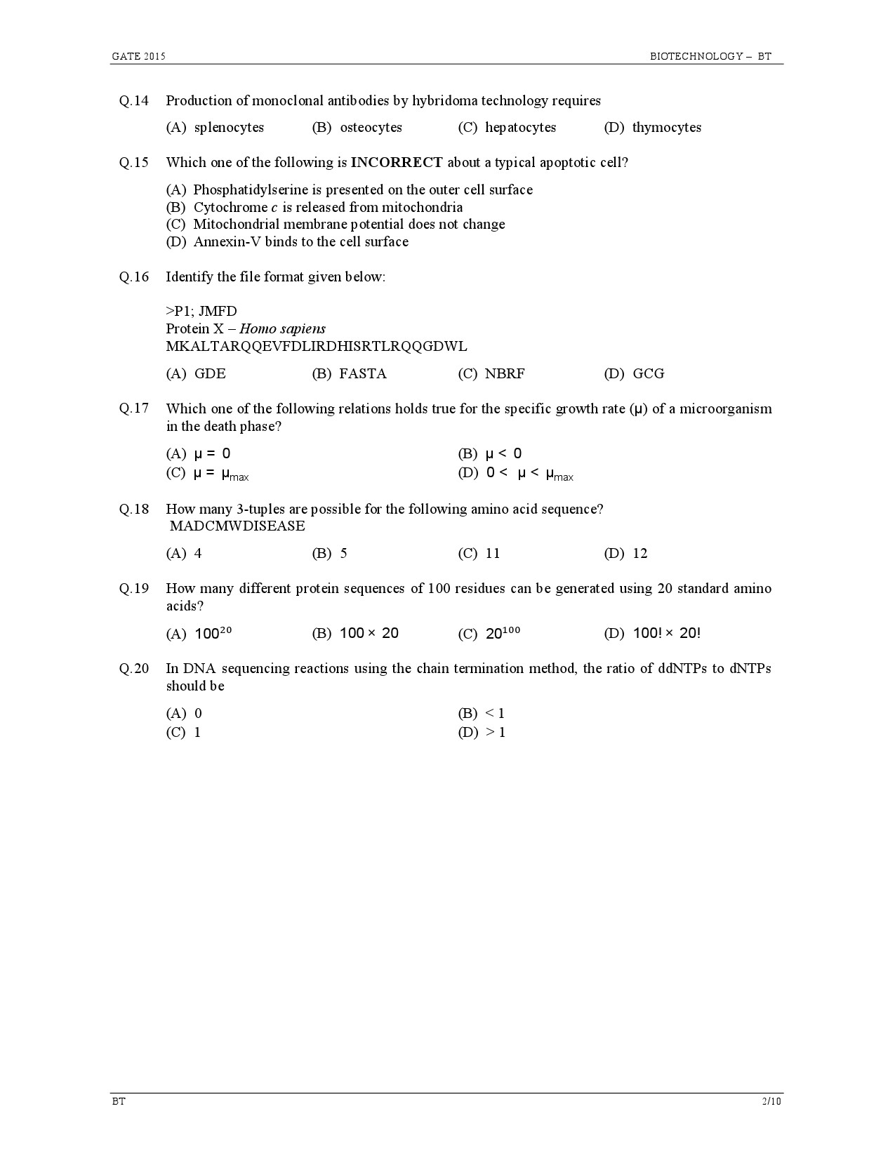 GATE Exam Question Paper 2015 Biotechnology 2