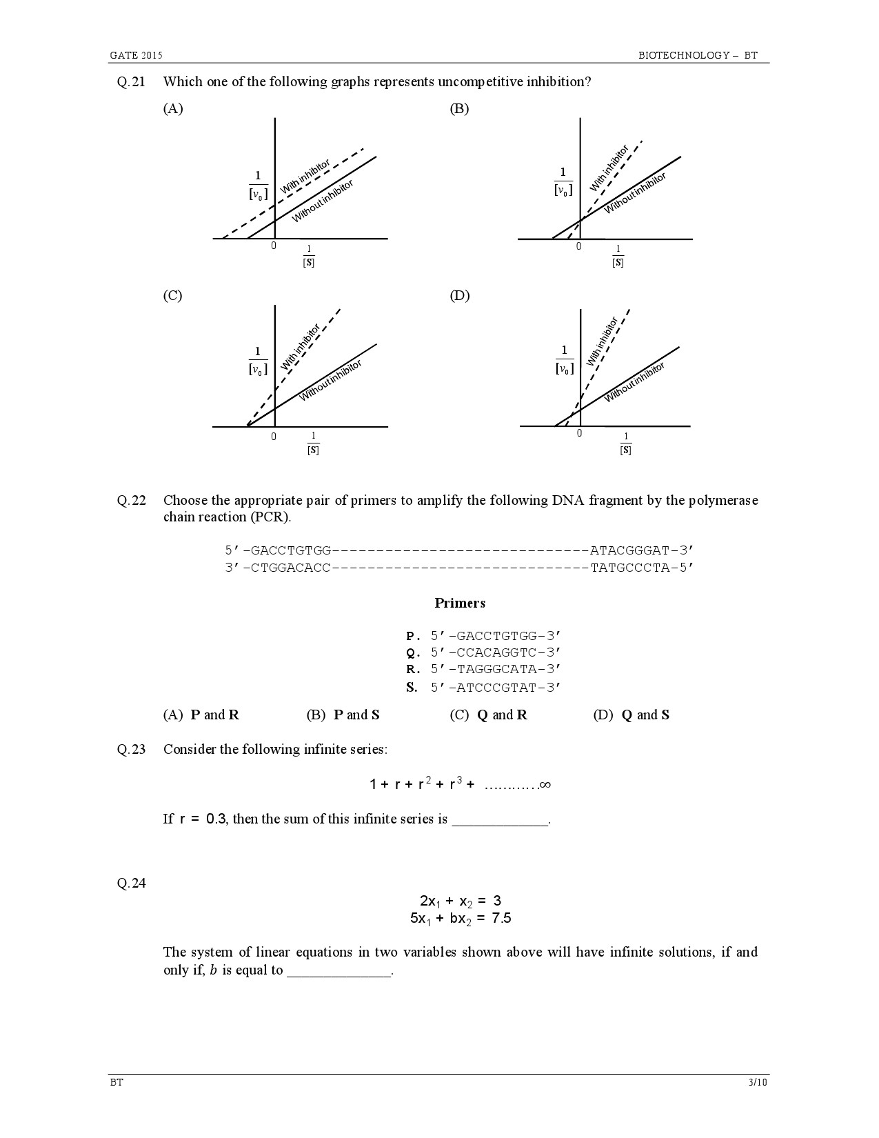 GATE Exam Question Paper 2015 Biotechnology 3