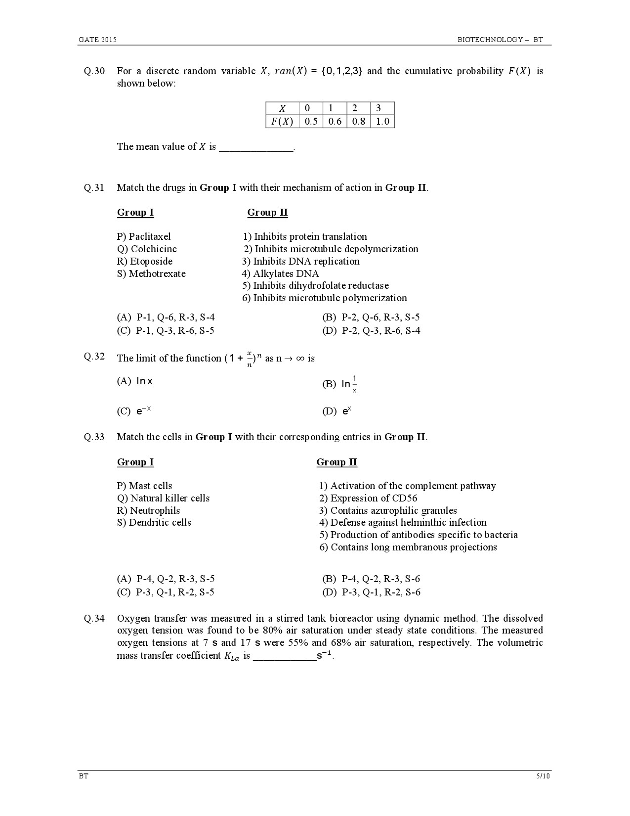 GATE Exam Question Paper 2015 Biotechnology 5