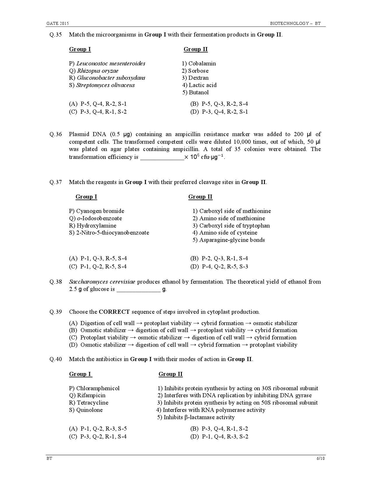 GATE Exam Question Paper 2015 Biotechnology 6