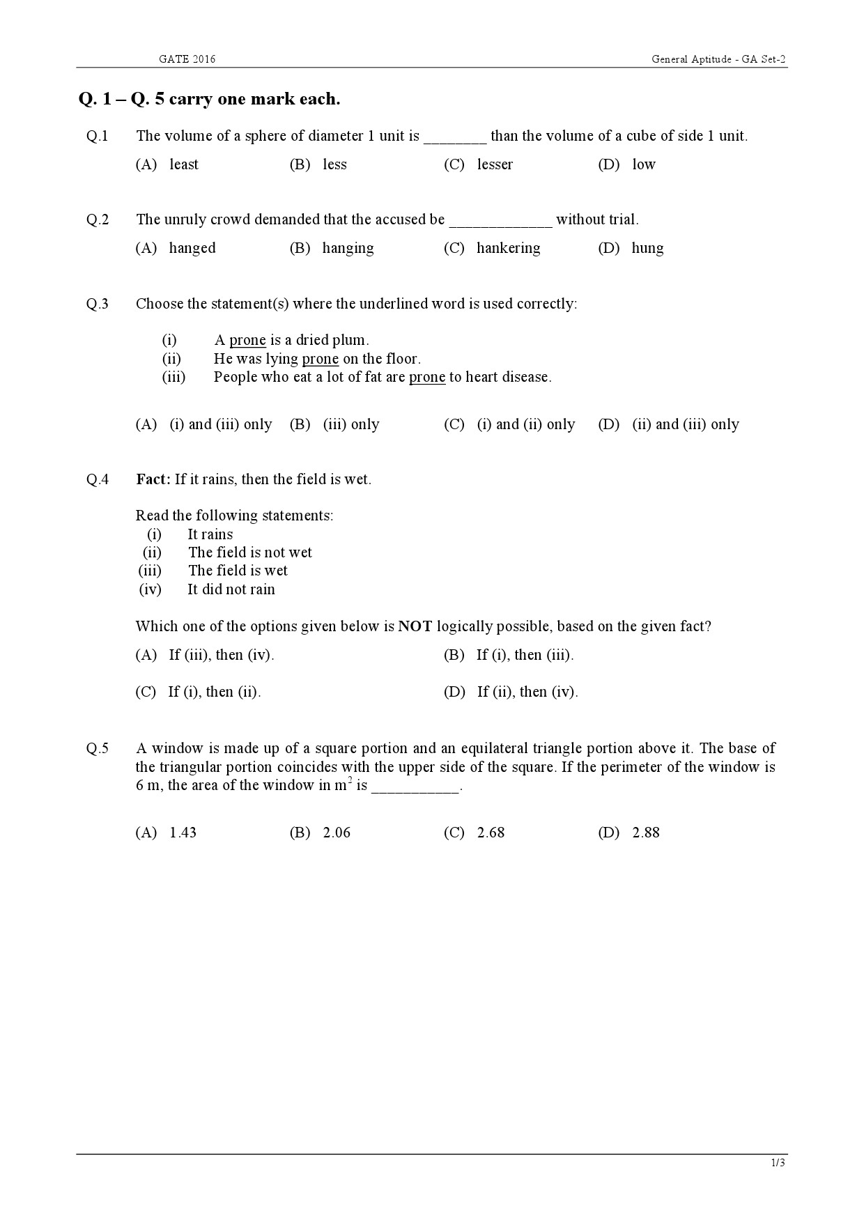 GATE Exam Question Paper 2016 Biotechnology 1