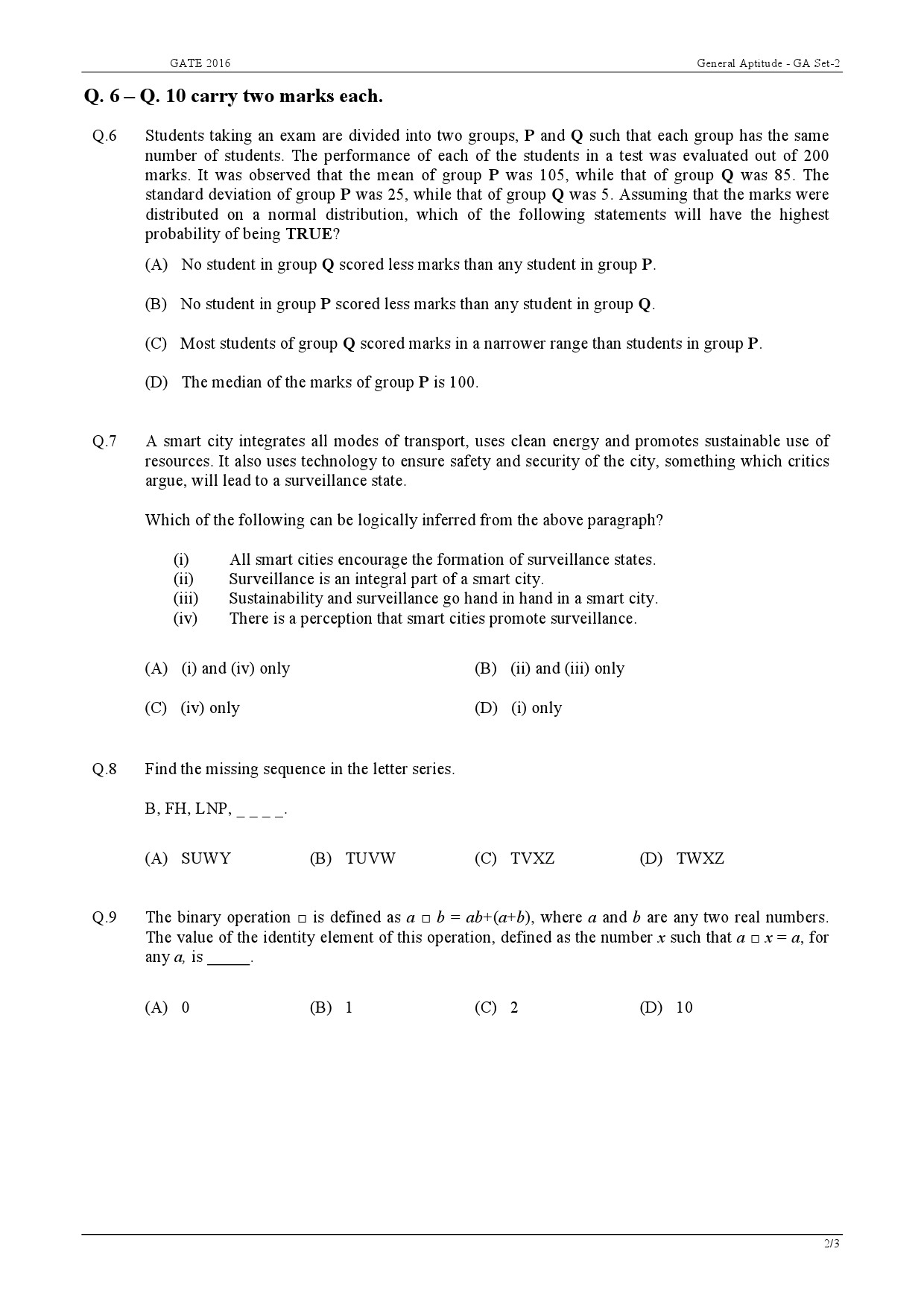 GATE Exam Question Paper 2016 Biotechnology 2