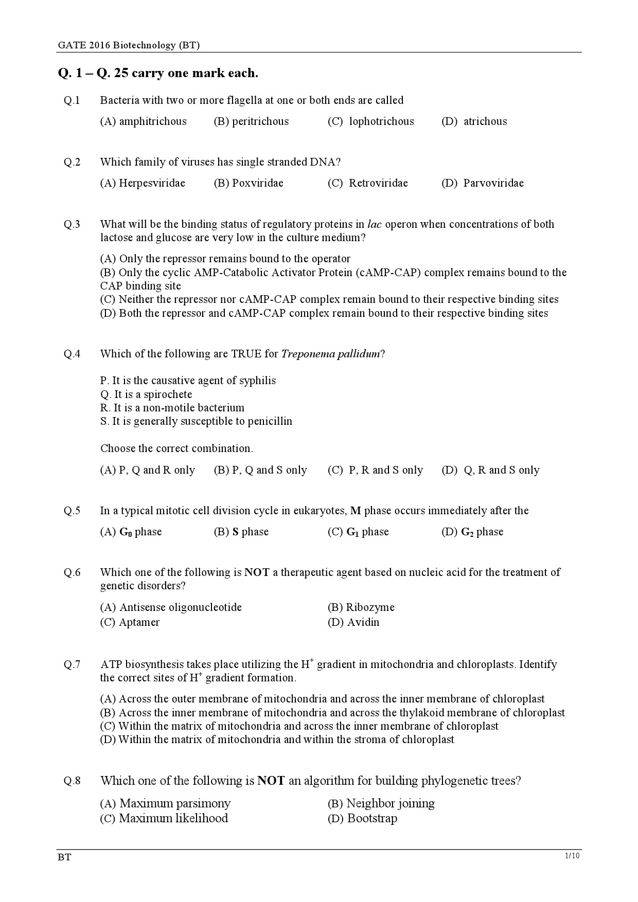 GATE Exam Question Paper 2016 Biotechnology 4