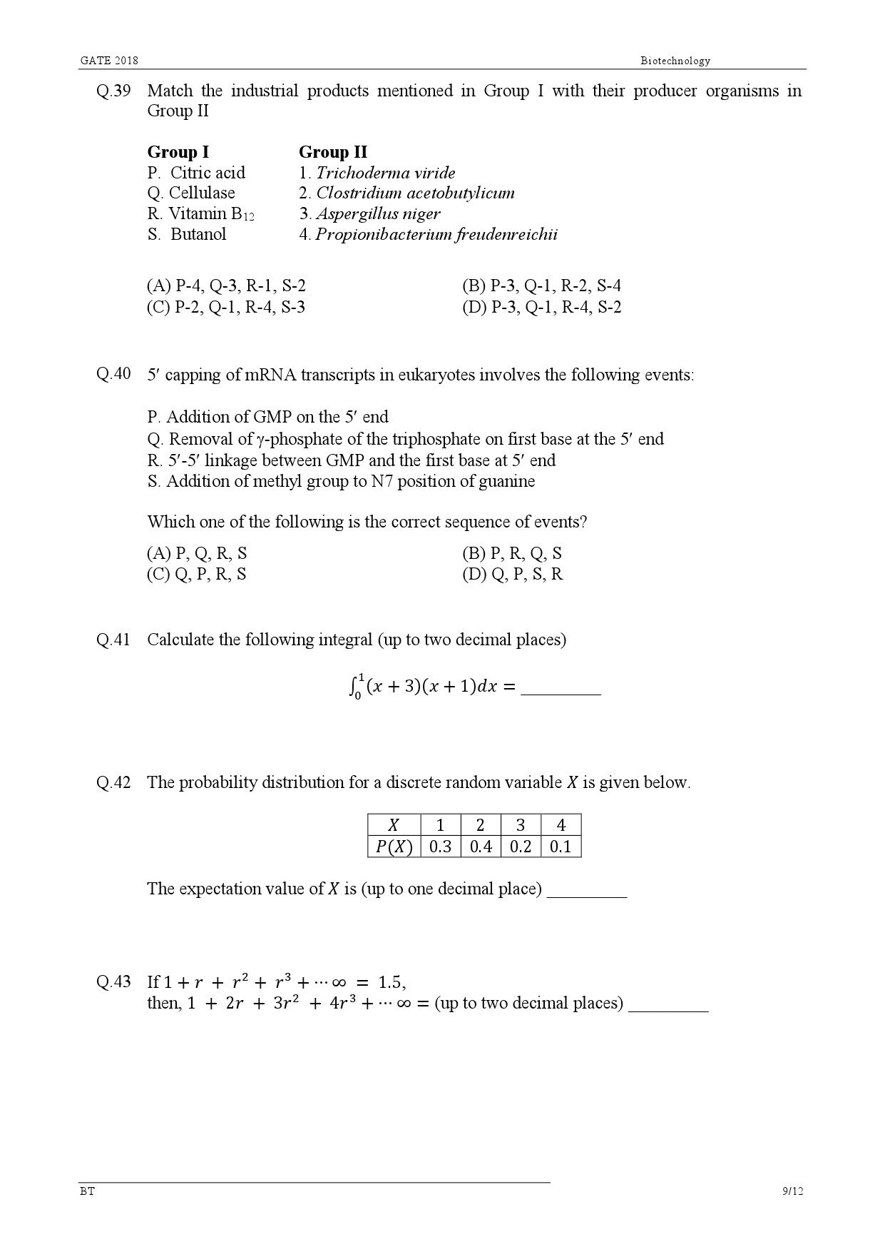 GATE Exam Question Paper 2018 Biotechnology 11