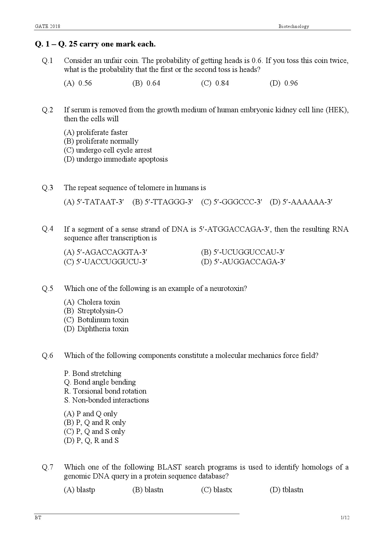 GATE Exam Question Paper 2018 Biotechnology 3