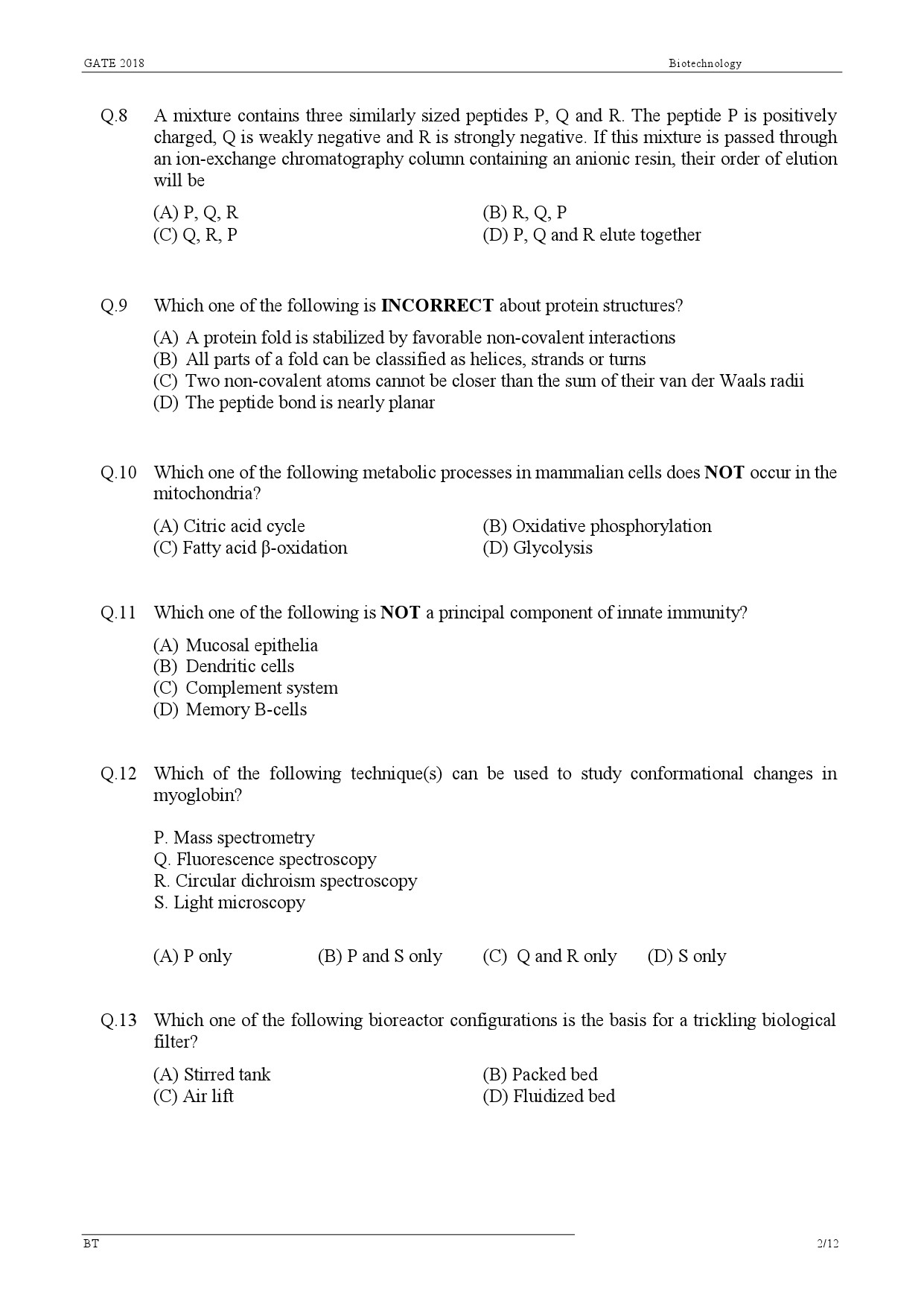 GATE Exam Question Paper 2018 Biotechnology 4