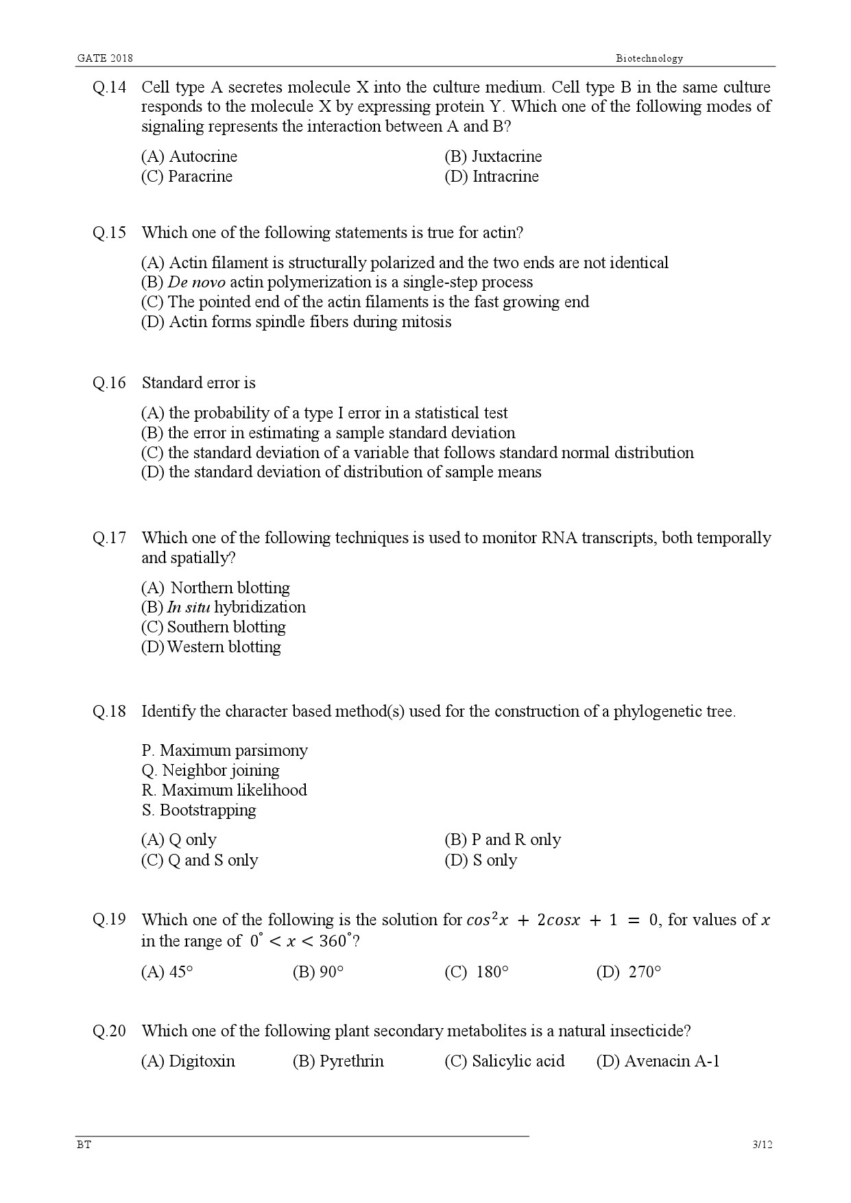 GATE Exam Question Paper 2018 Biotechnology 5
