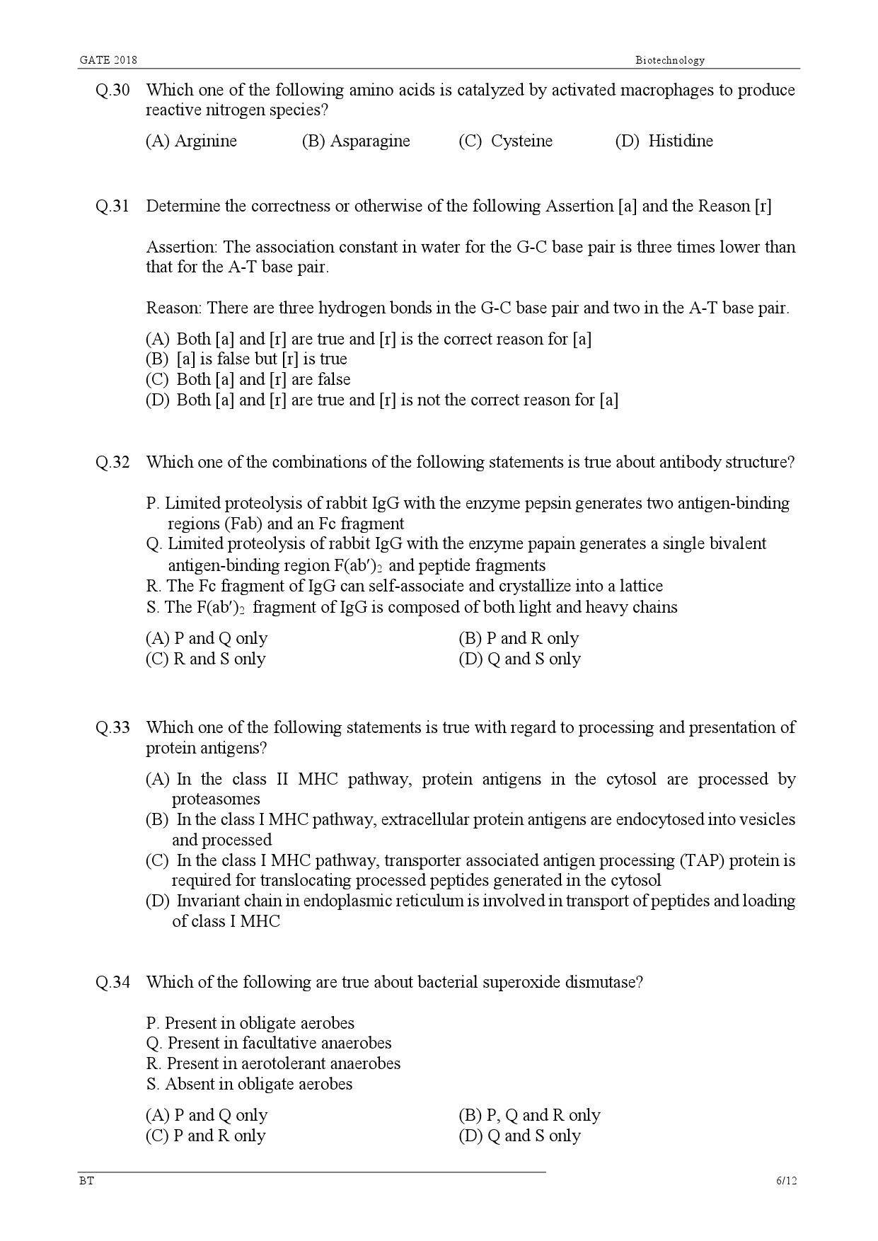 GATE Exam Question Paper 2018 Biotechnology 8