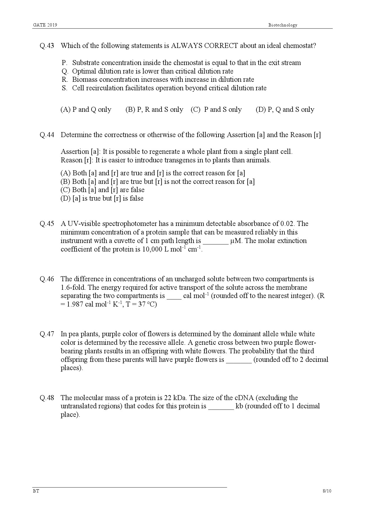GATE Exam Question Paper 2019 Biotechnology 11