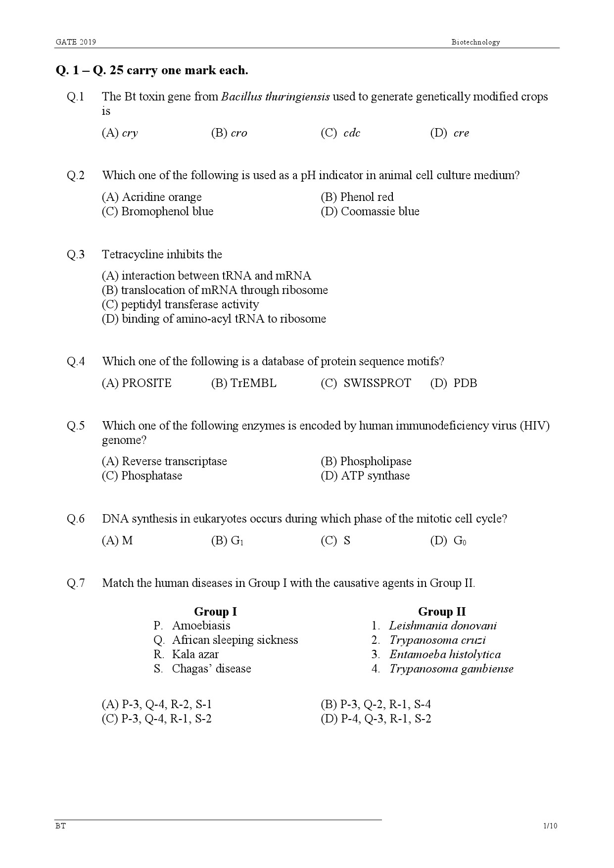 GATE Exam Question Paper 2019 Biotechnology 4