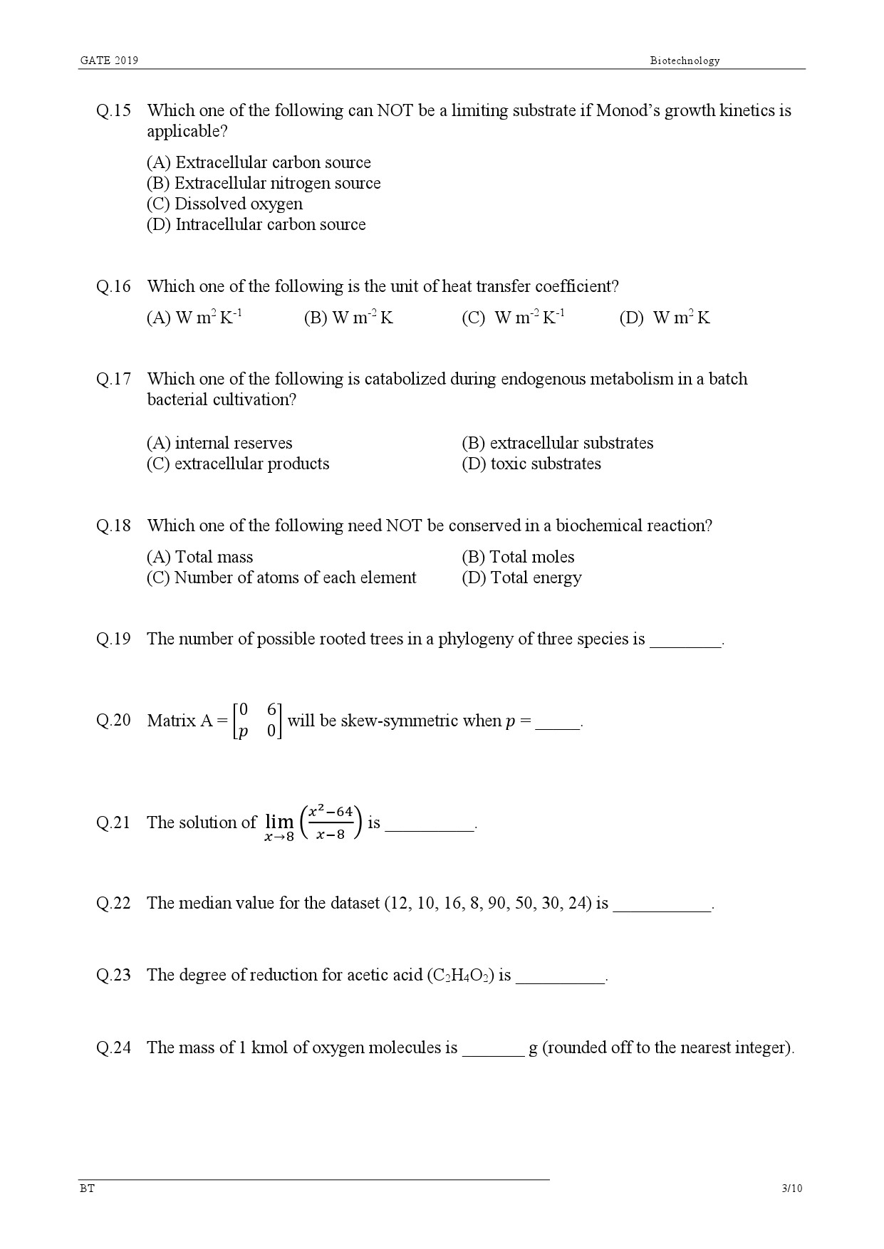 GATE Exam Question Paper 2019 Biotechnology 6