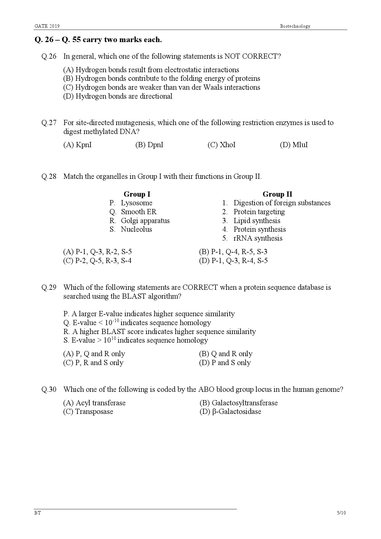GATE Exam Question Paper 2019 Biotechnology 8