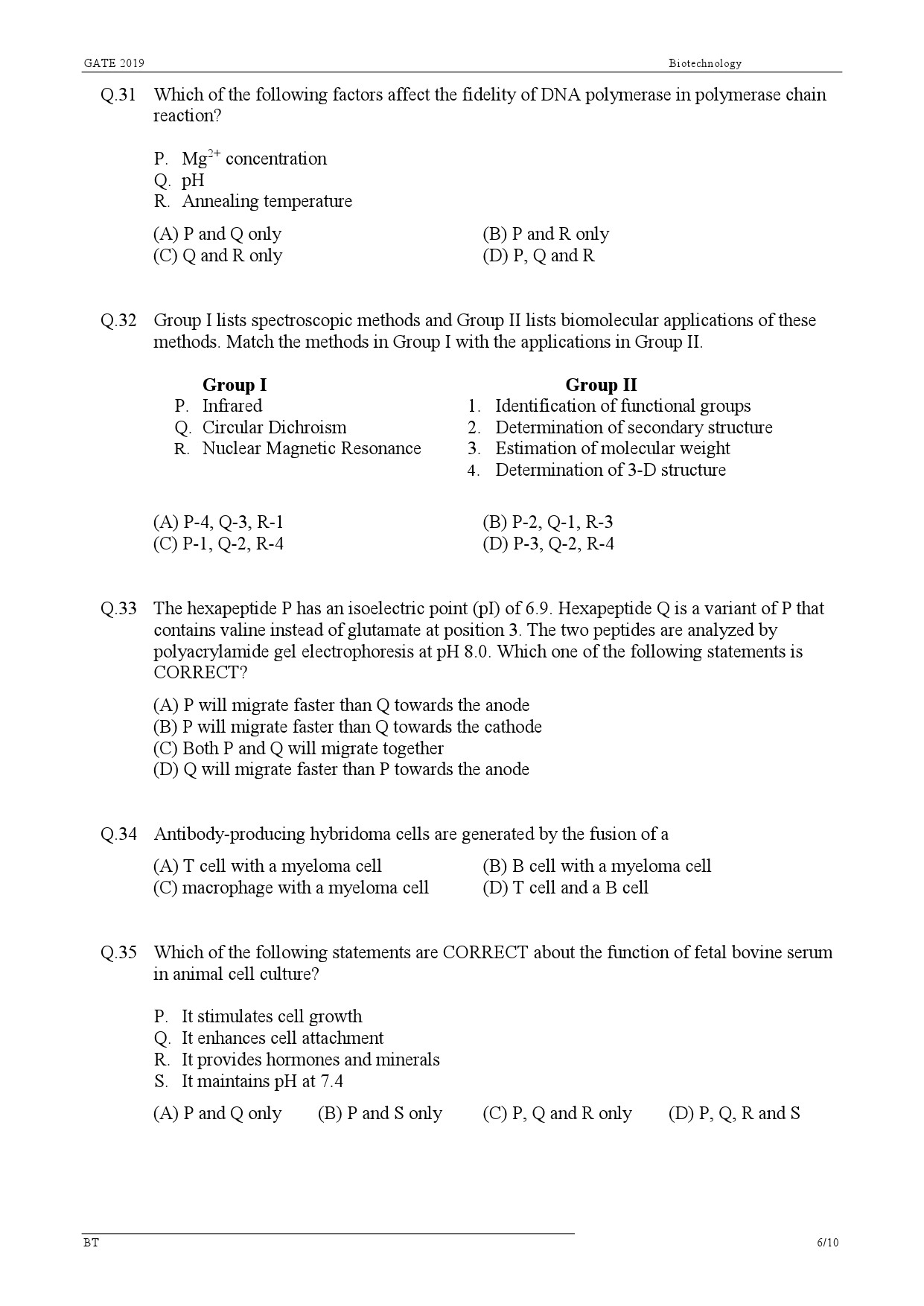GATE Exam Question Paper 2019 Biotechnology 9