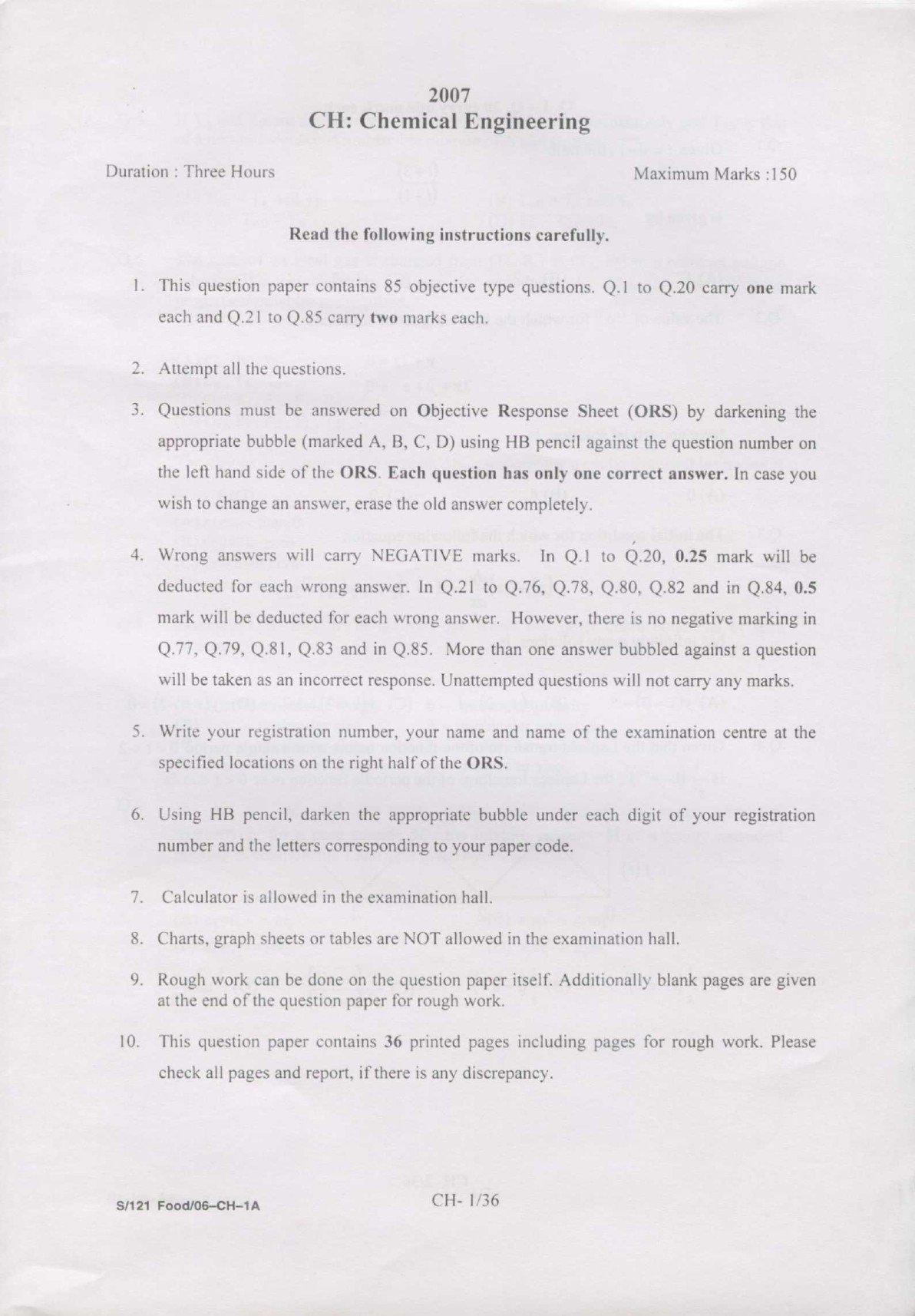 GATE Exam Question Paper 2007 Chemical Engineering 1