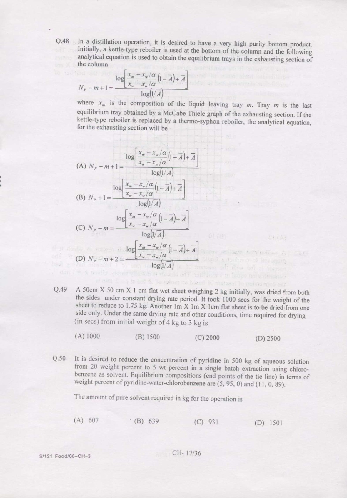 GATE Exam Question Paper 2007 Chemical Engineering 17