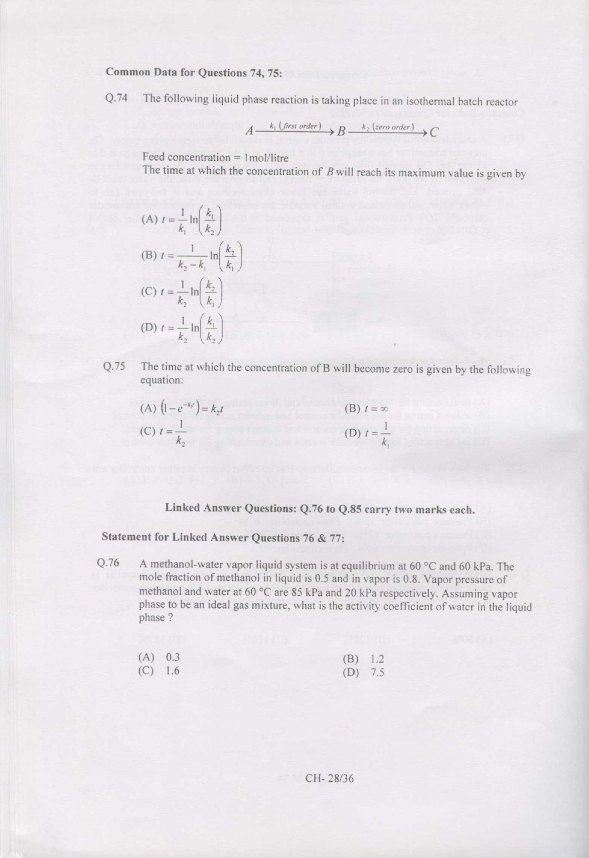 GATE Exam Question Paper 2007 Chemical Engineering 28