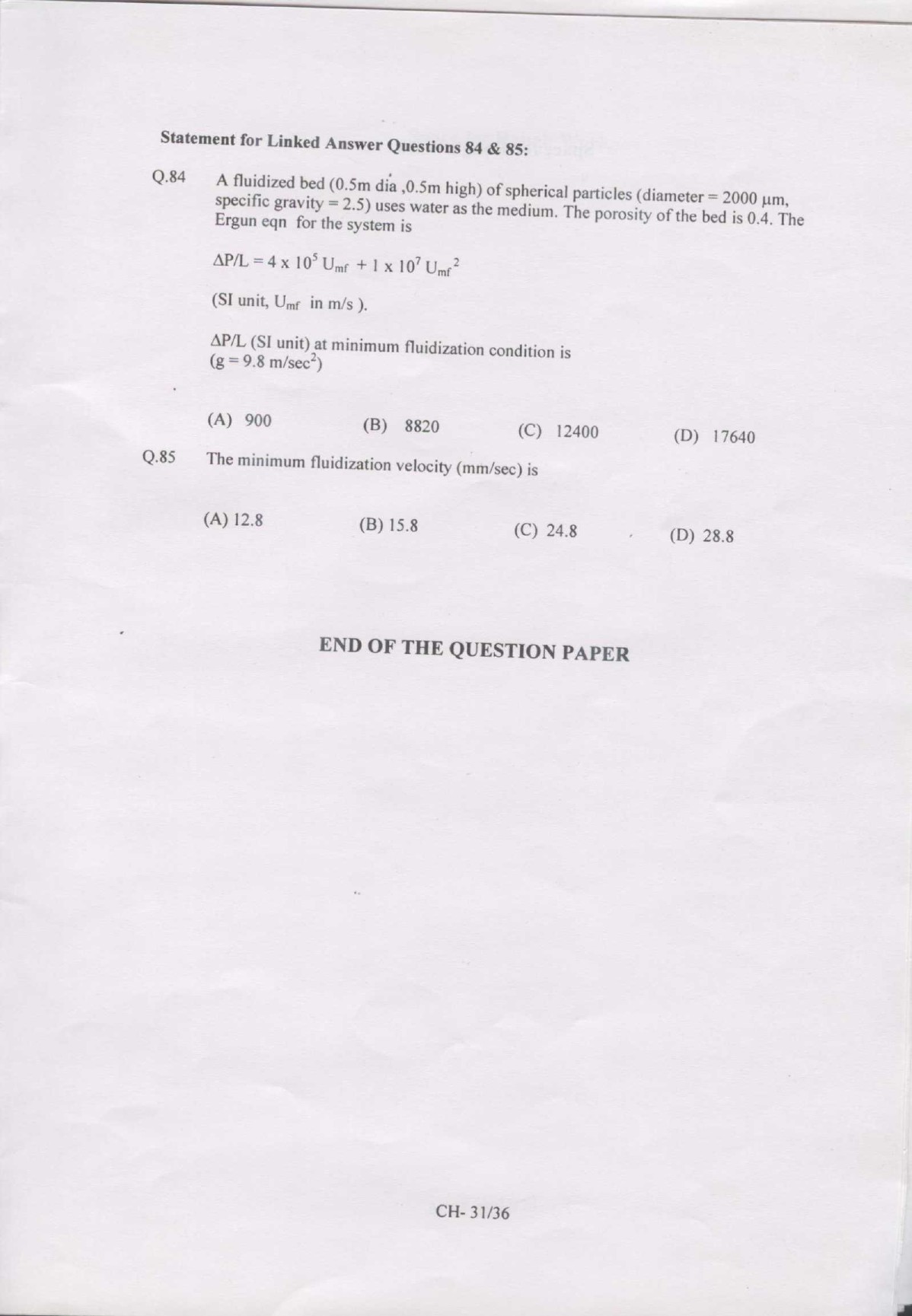 GATE Exam Question Paper 2007 Chemical Engineering 31