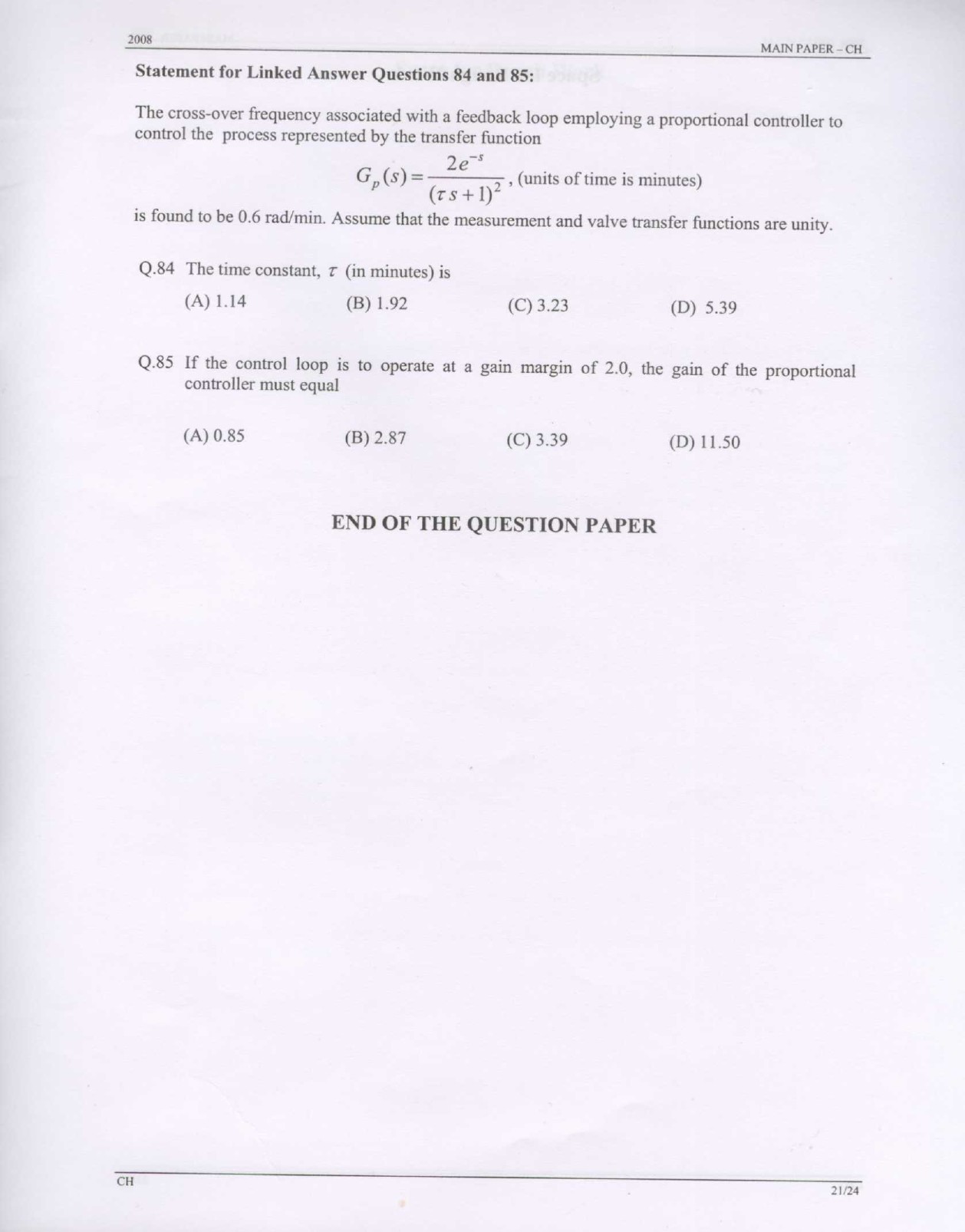GATE Exam Question Paper 2008 Chemical Engineering 21