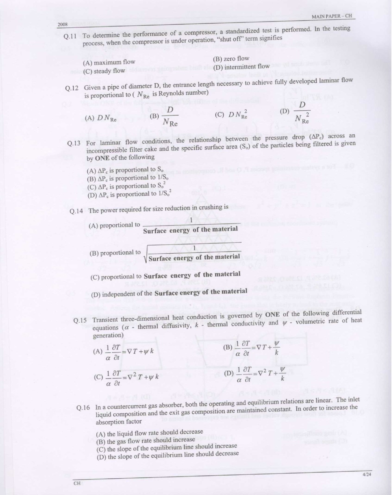 GATE Exam Question Paper 2008 Chemical Engineering 4