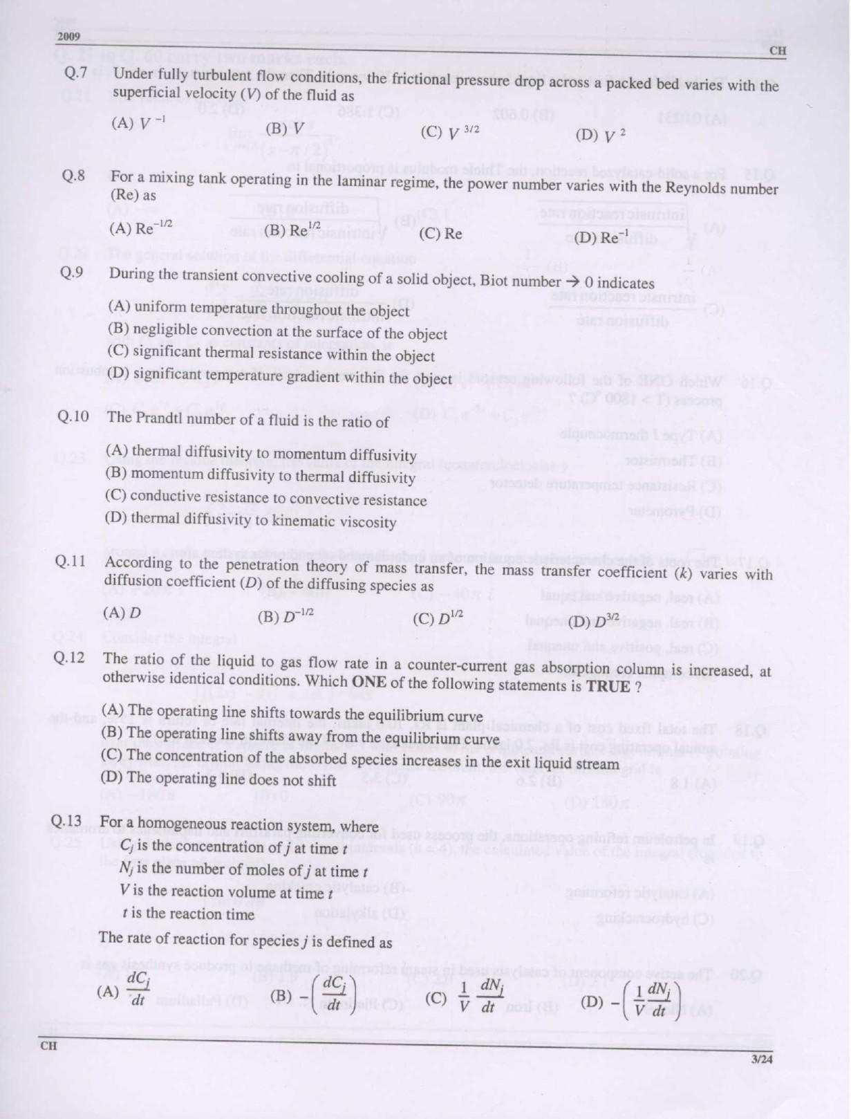 GATE Exam Question Paper 2009 Chemical Engineering 3