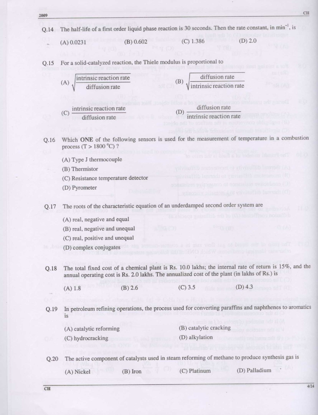 GATE Exam Question Paper 2009 Chemical Engineering 4