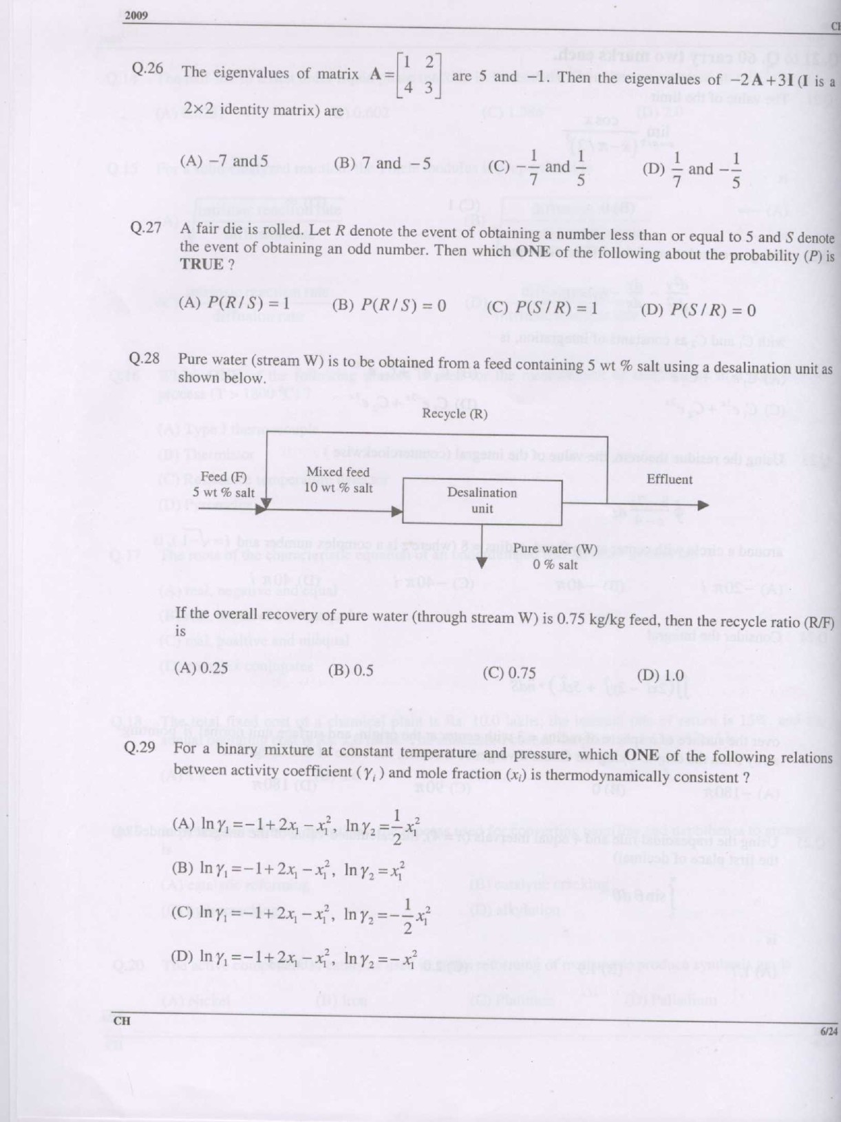 GATE Exam Question Paper 2009 Chemical Engineering 6