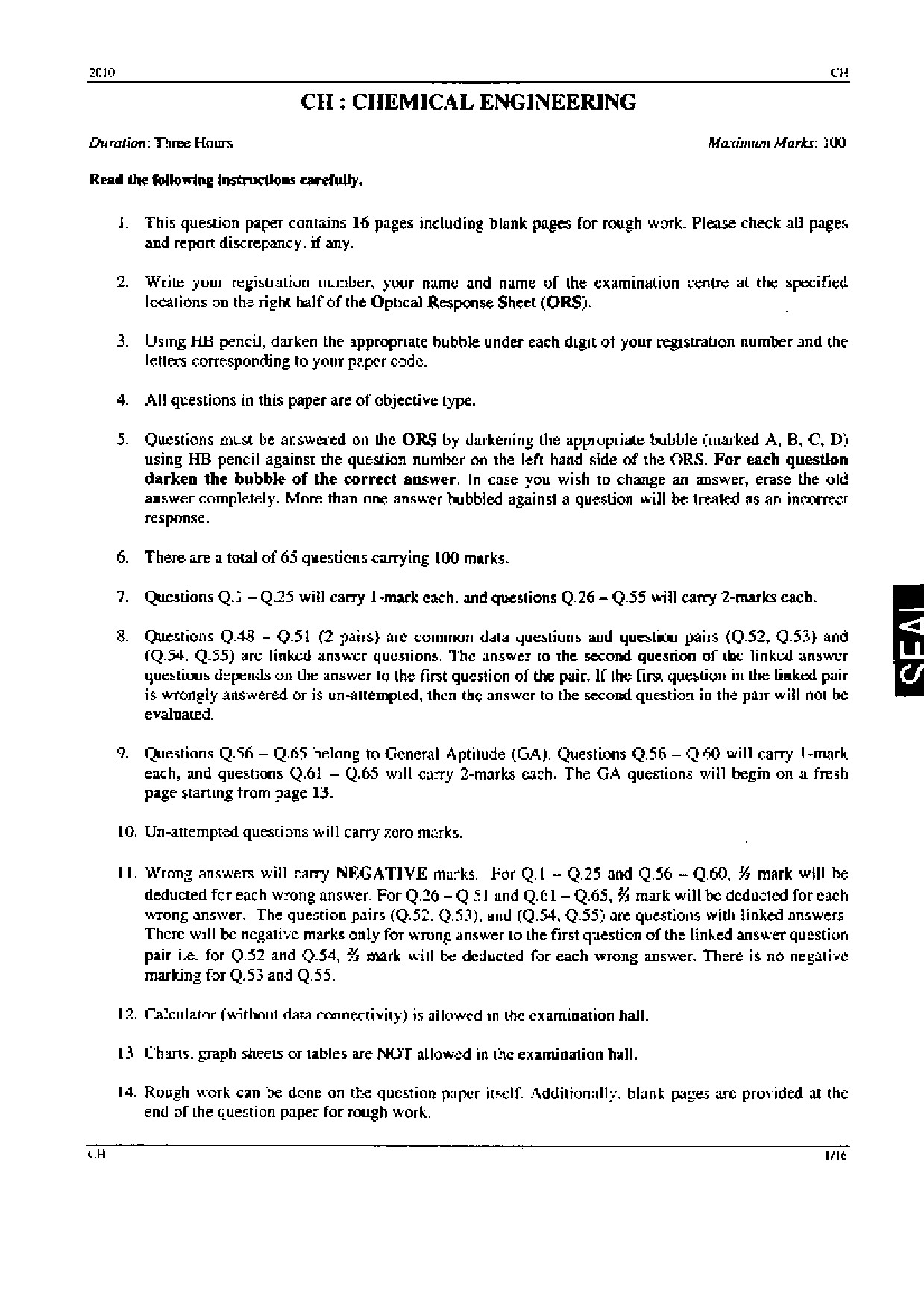GATE Exam Question Paper 2010 Chemical Engineering 1