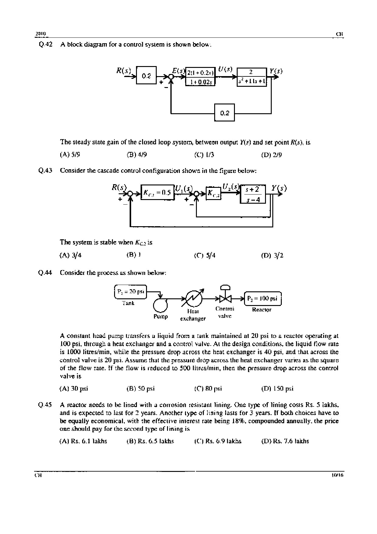 GATE Exam Question Paper 2010 Chemical Engineering 10