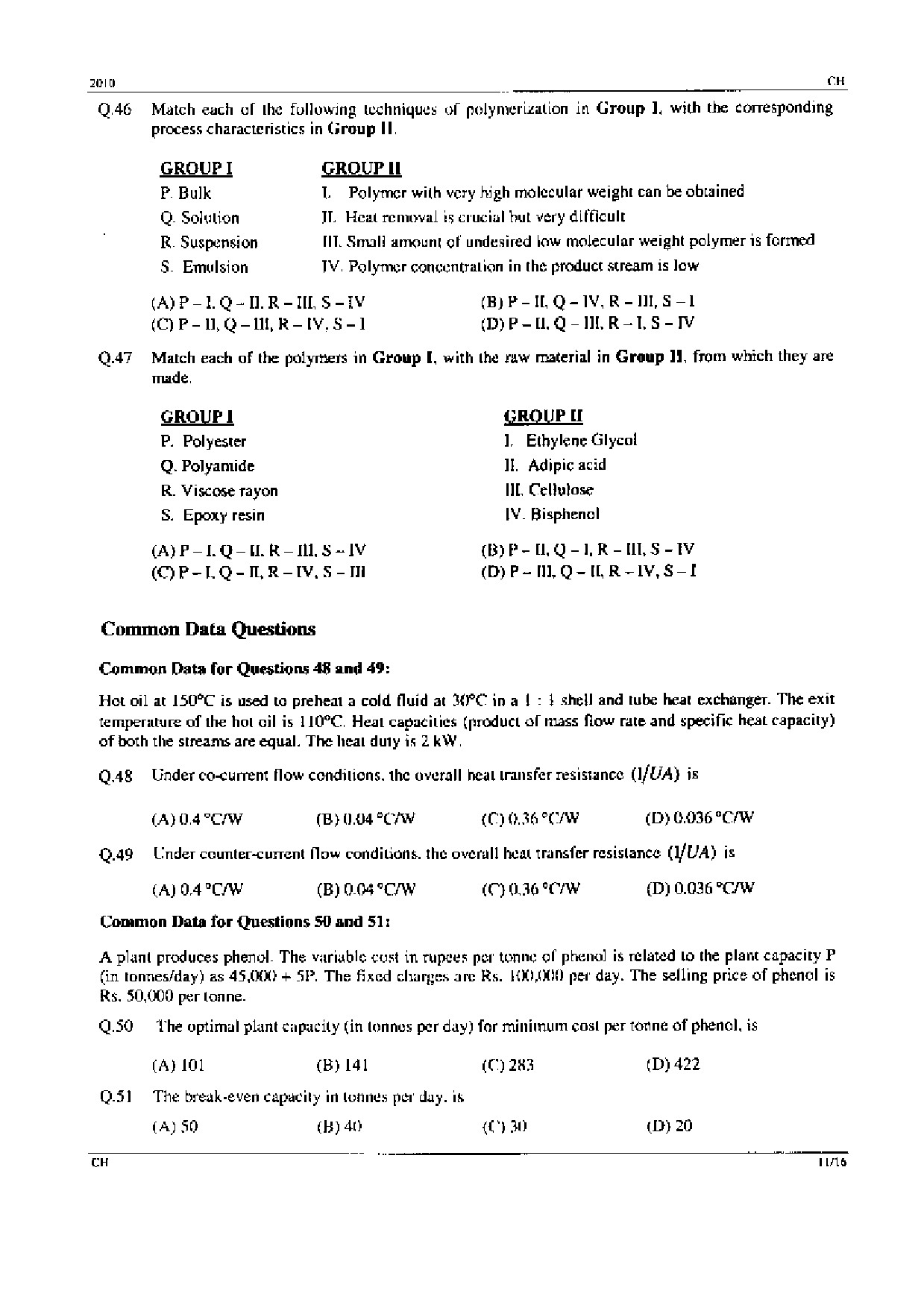 GATE Exam Question Paper 2010 Chemical Engineering 11
