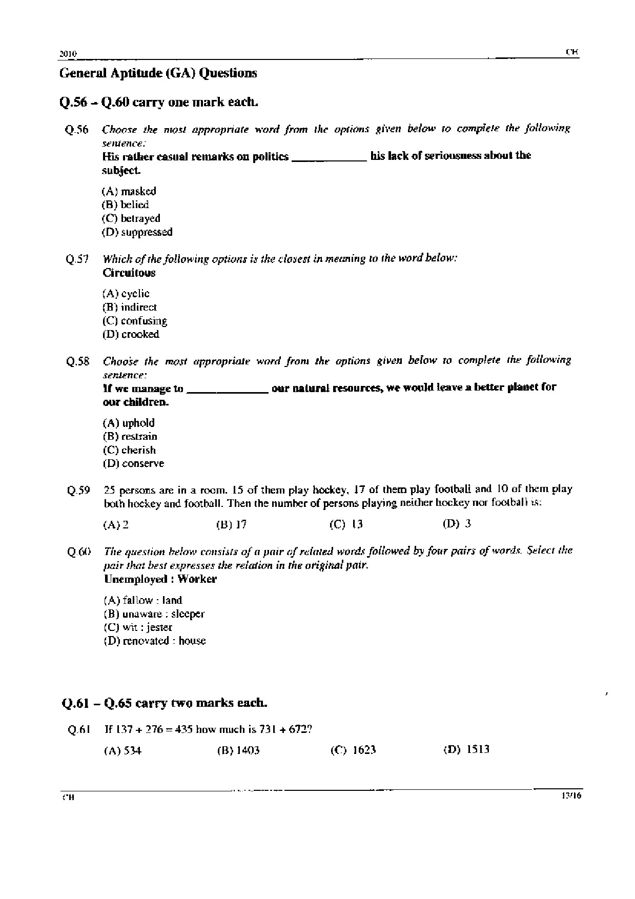 GATE Exam Question Paper 2010 Chemical Engineering 13