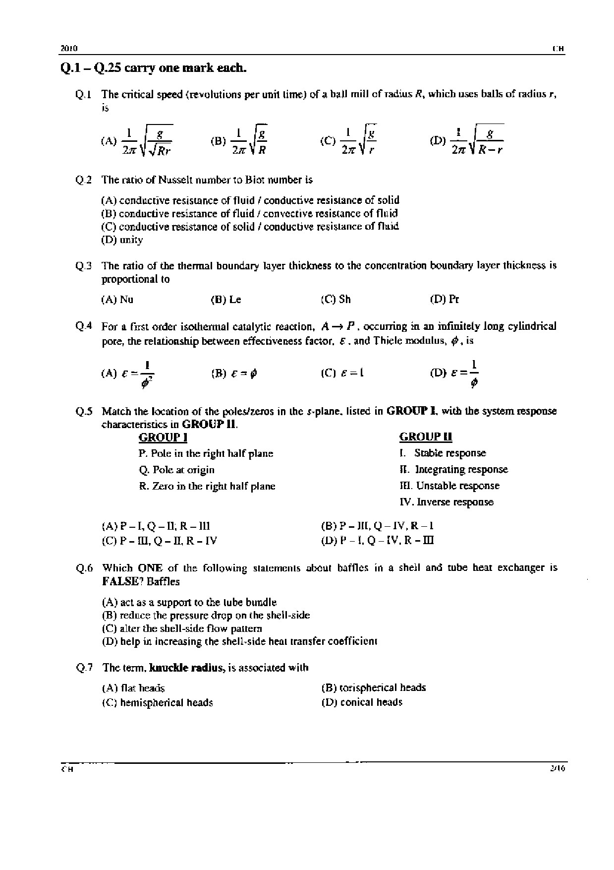 GATE Exam Question Paper 2010 Chemical Engineering 2