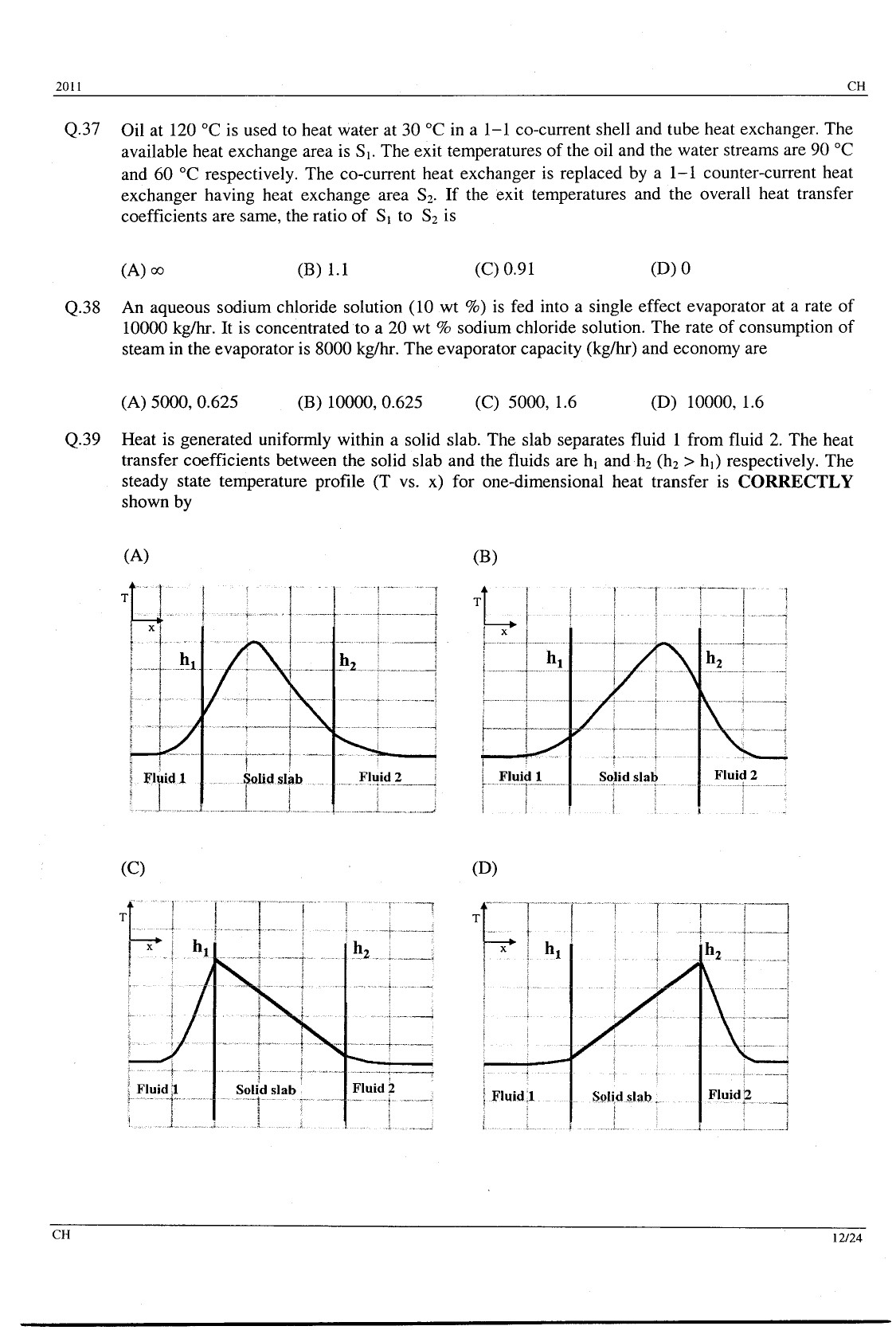 GATE Exam Question Paper 2011 Chemical Engineering 12