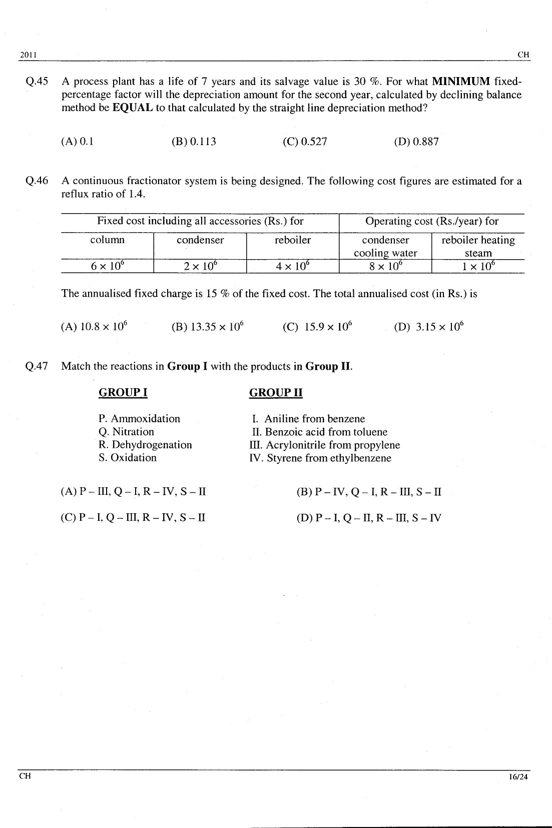 GATE Exam Question Paper 2011 Chemical Engineering 16