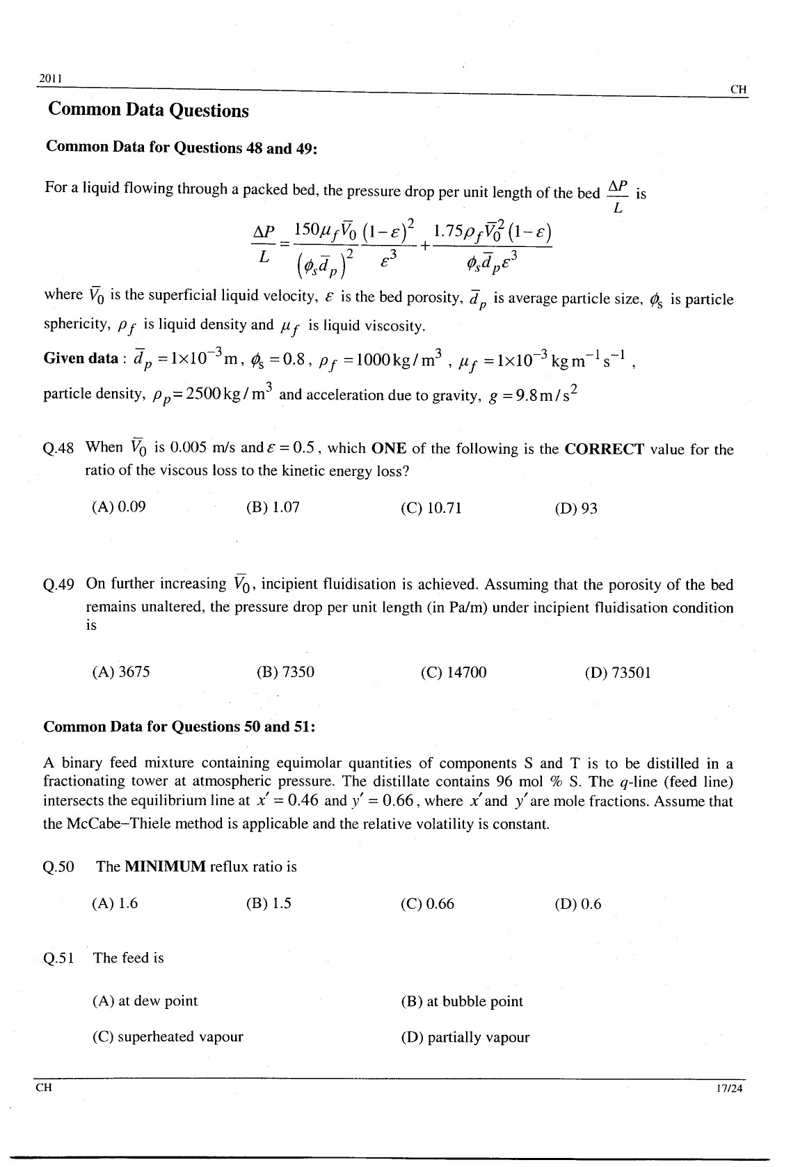 GATE Exam Question Paper 2011 Chemical Engineering 17
