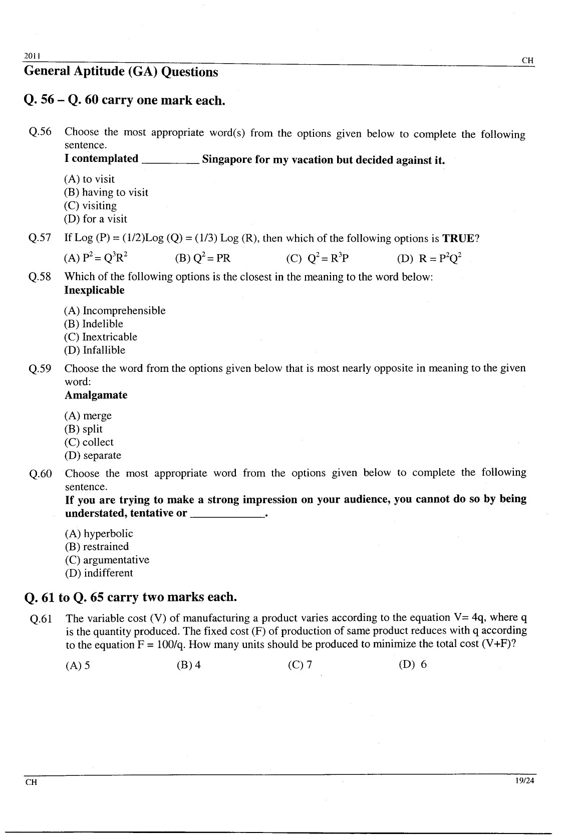 GATE Exam Question Paper 2011 Chemical Engineering 19