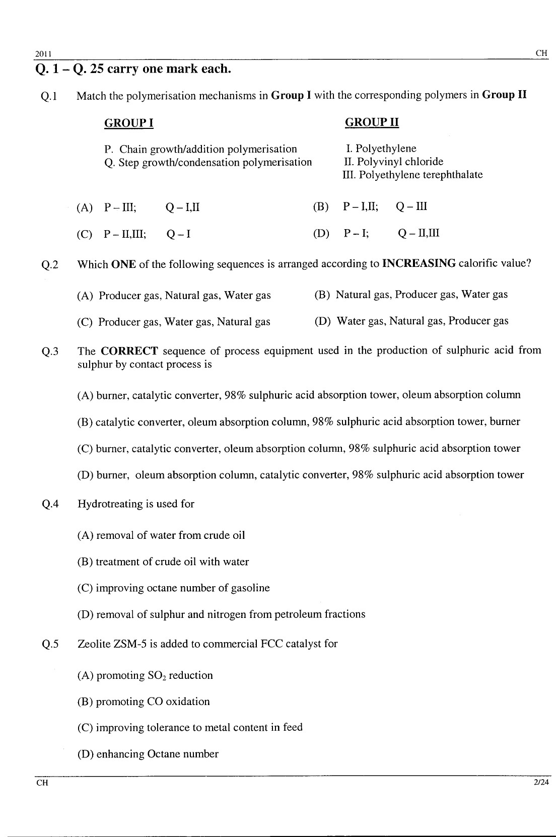 GATE Exam Question Paper 2011 Chemical Engineering 2