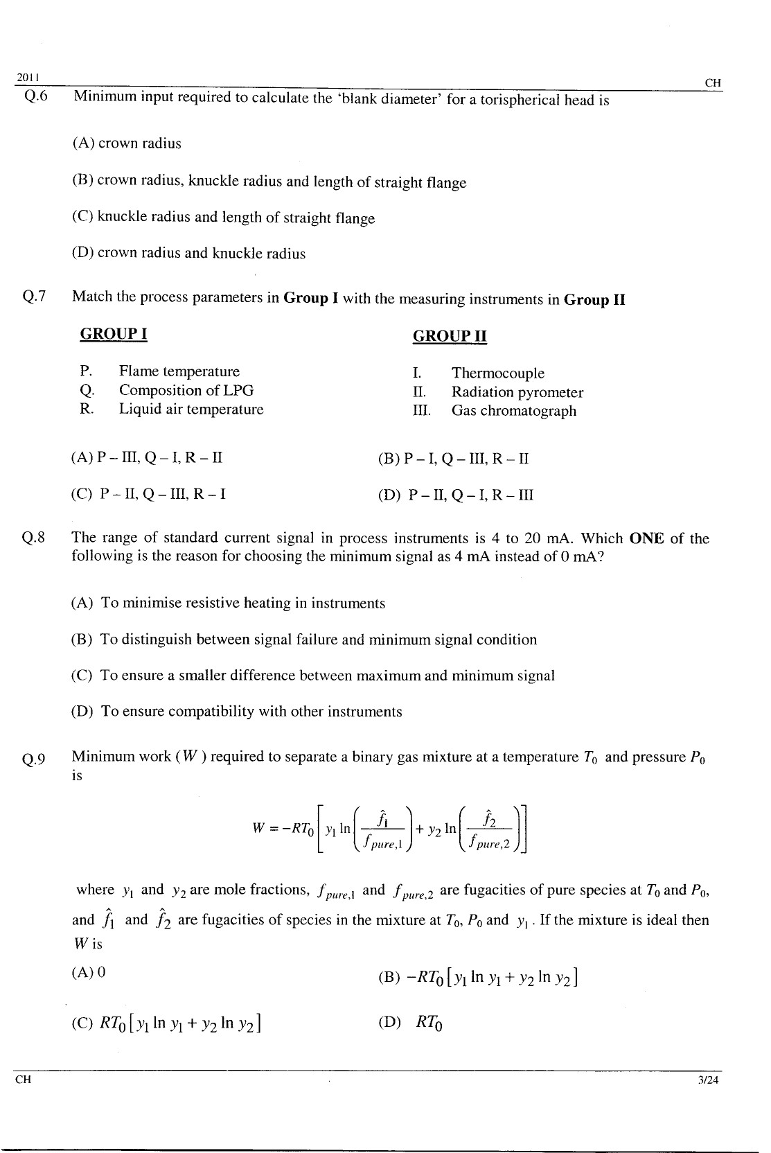 GATE Exam Question Paper 2011 Chemical Engineering 3