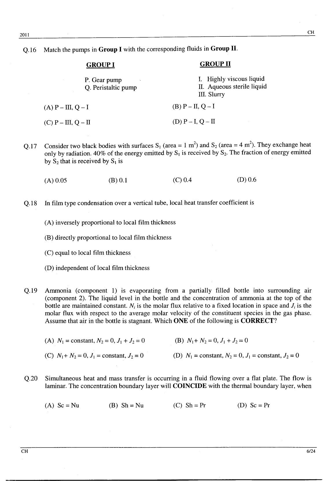 GATE Exam Question Paper 2011 Chemical Engineering 6