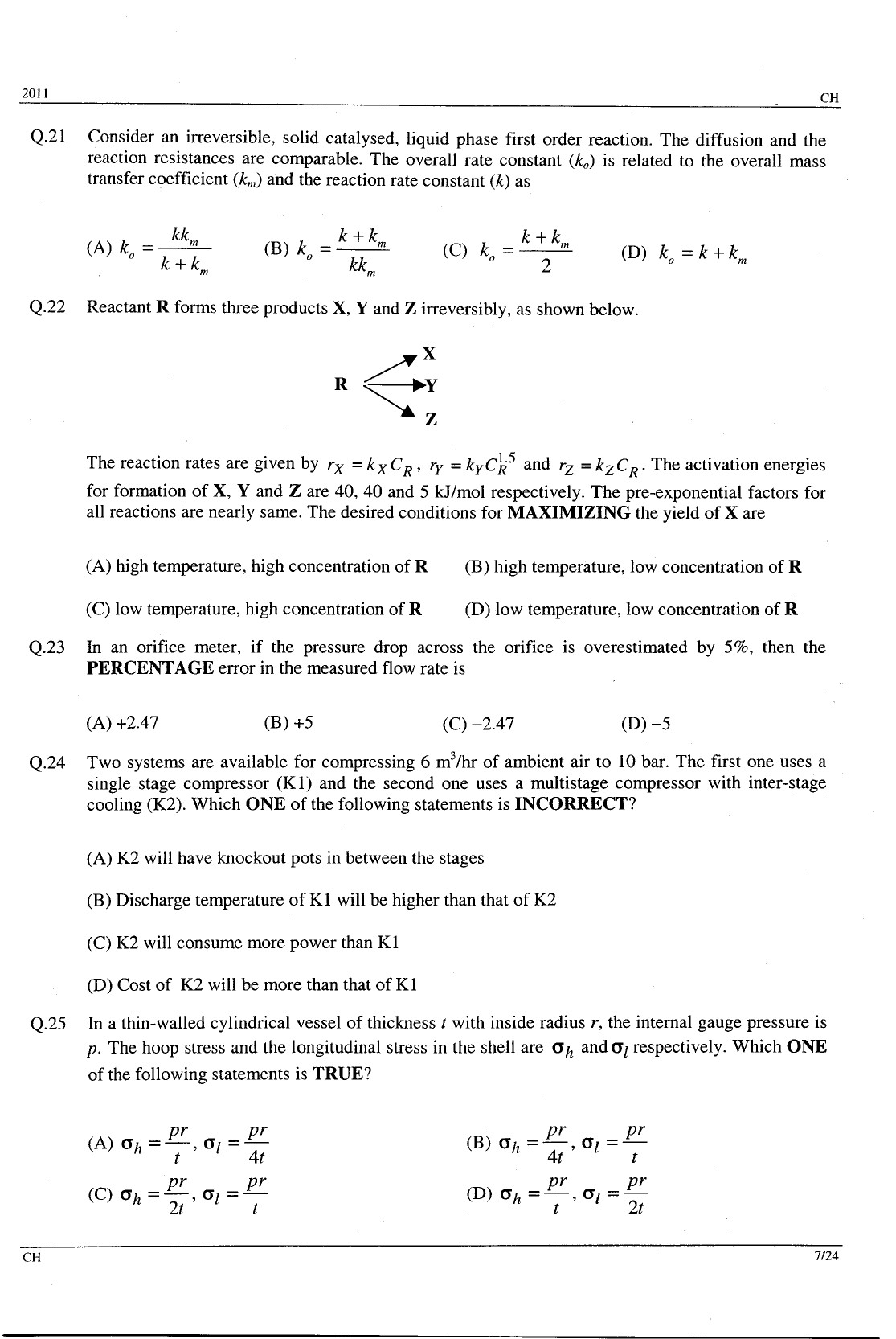 GATE Exam Question Paper 2011 Chemical Engineering 7