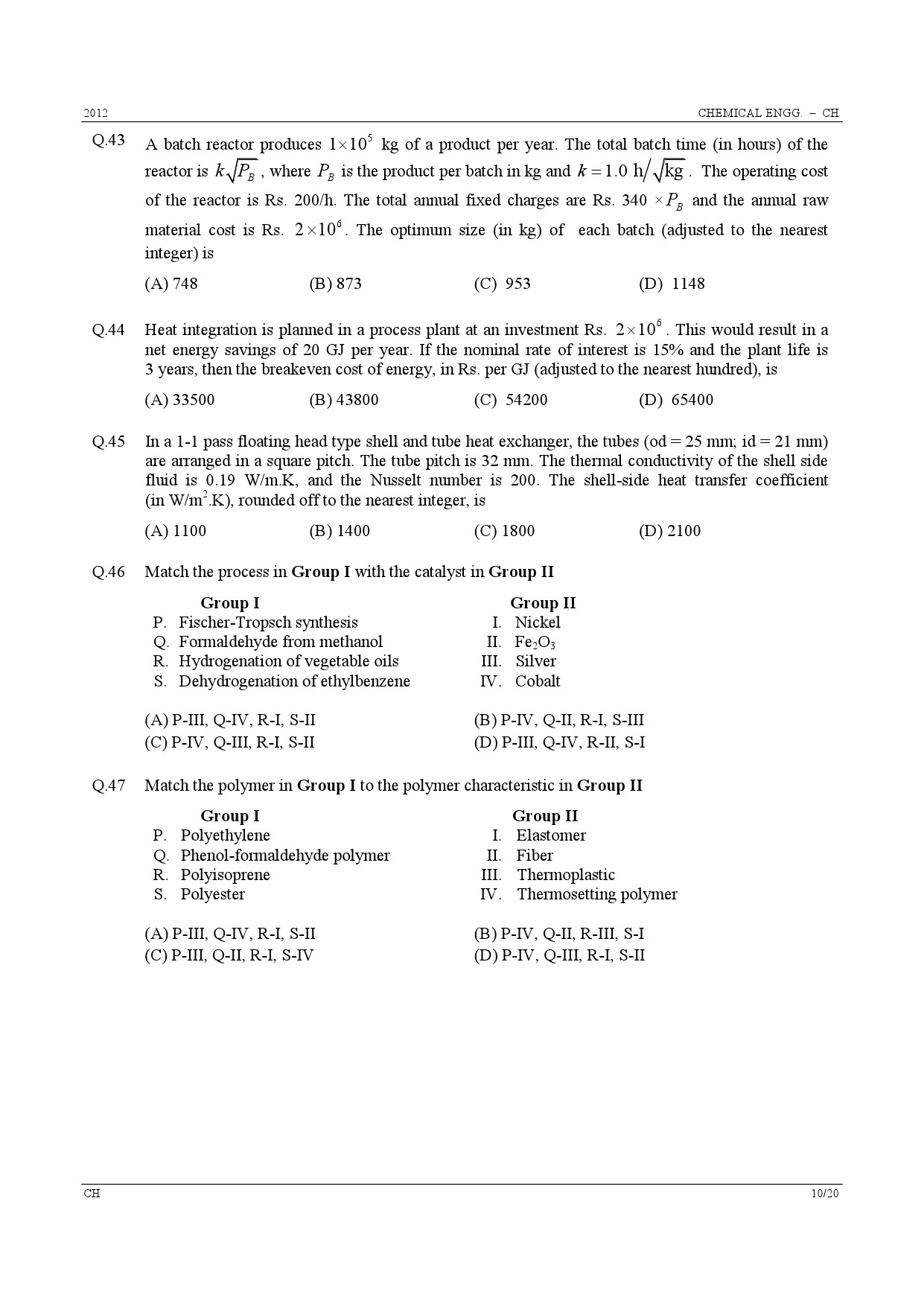 GATE Exam Question Paper 2012 Chemical Engineering 10