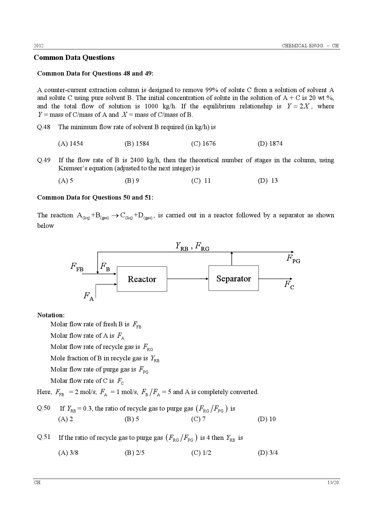 GATE Exam Question Paper 2012 Chemical Engineering 11