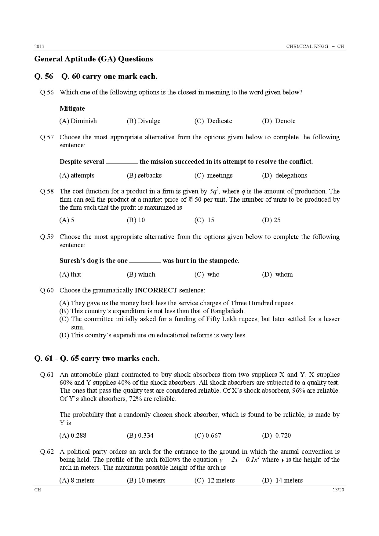 GATE Exam Question Paper 2012 Chemical Engineering 13