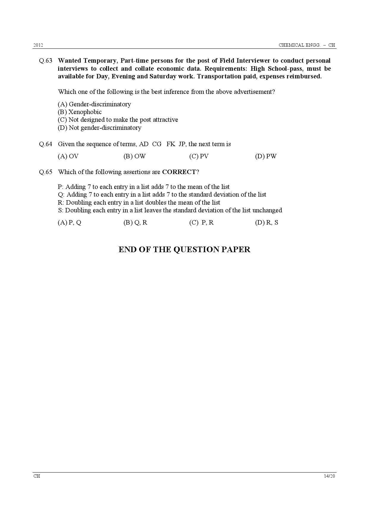 GATE Exam Question Paper 2012 Chemical Engineering 14