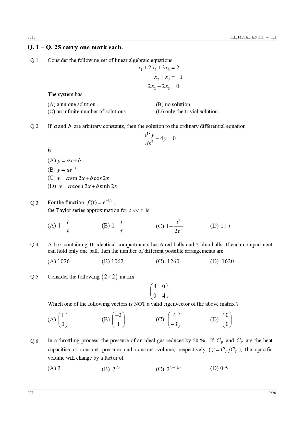 GATE Exam Question Paper 2012 Chemical Engineering 2