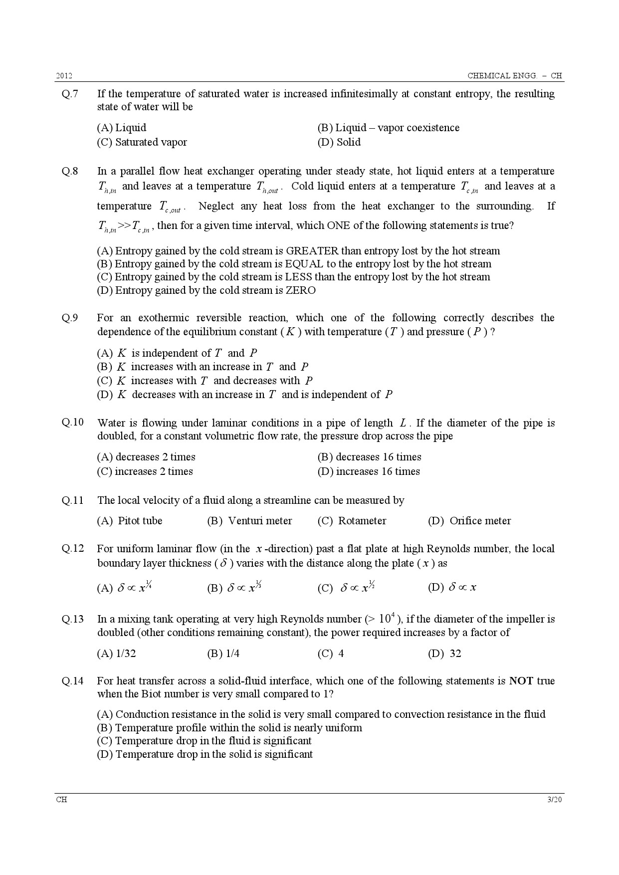 GATE Exam Question Paper 2012 Chemical Engineering 3